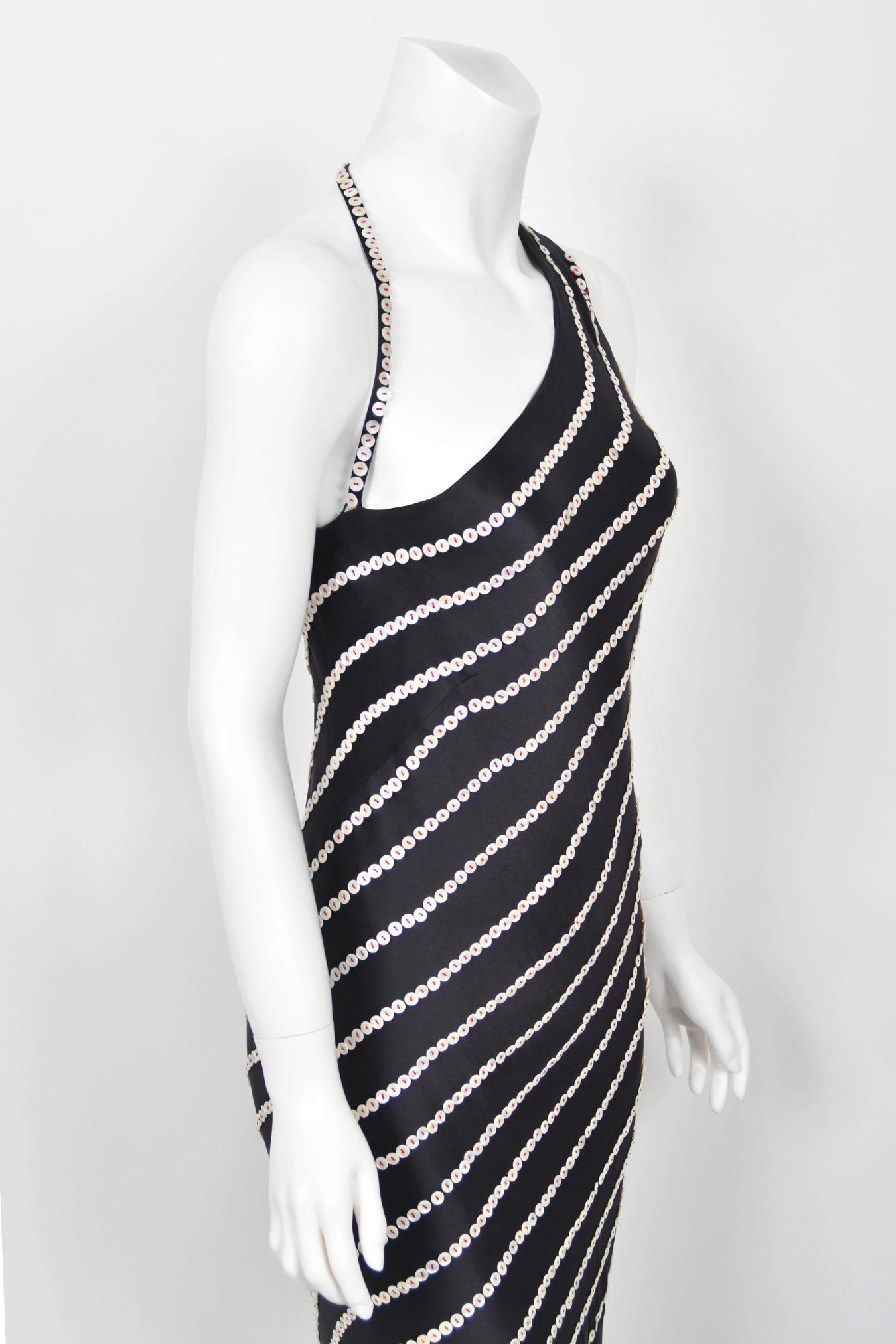 2003 Alexander McQueen Navy Blue Silk Button Embellished Stripes Bias-Cut Gown 5