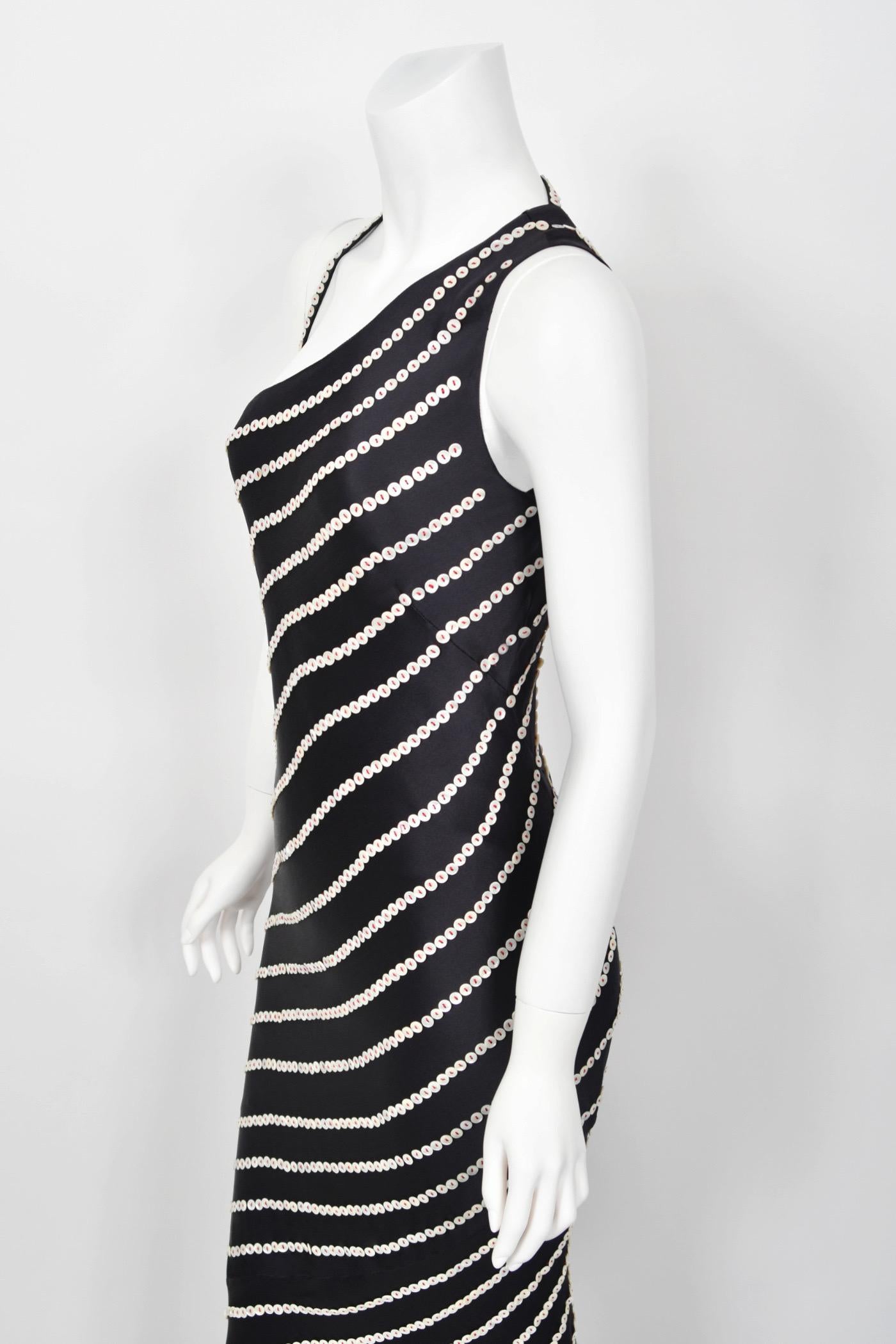 2003 Alexander McQueen Navy Blue Silk Button Embellished Stripes Bias-Cut Gown 10