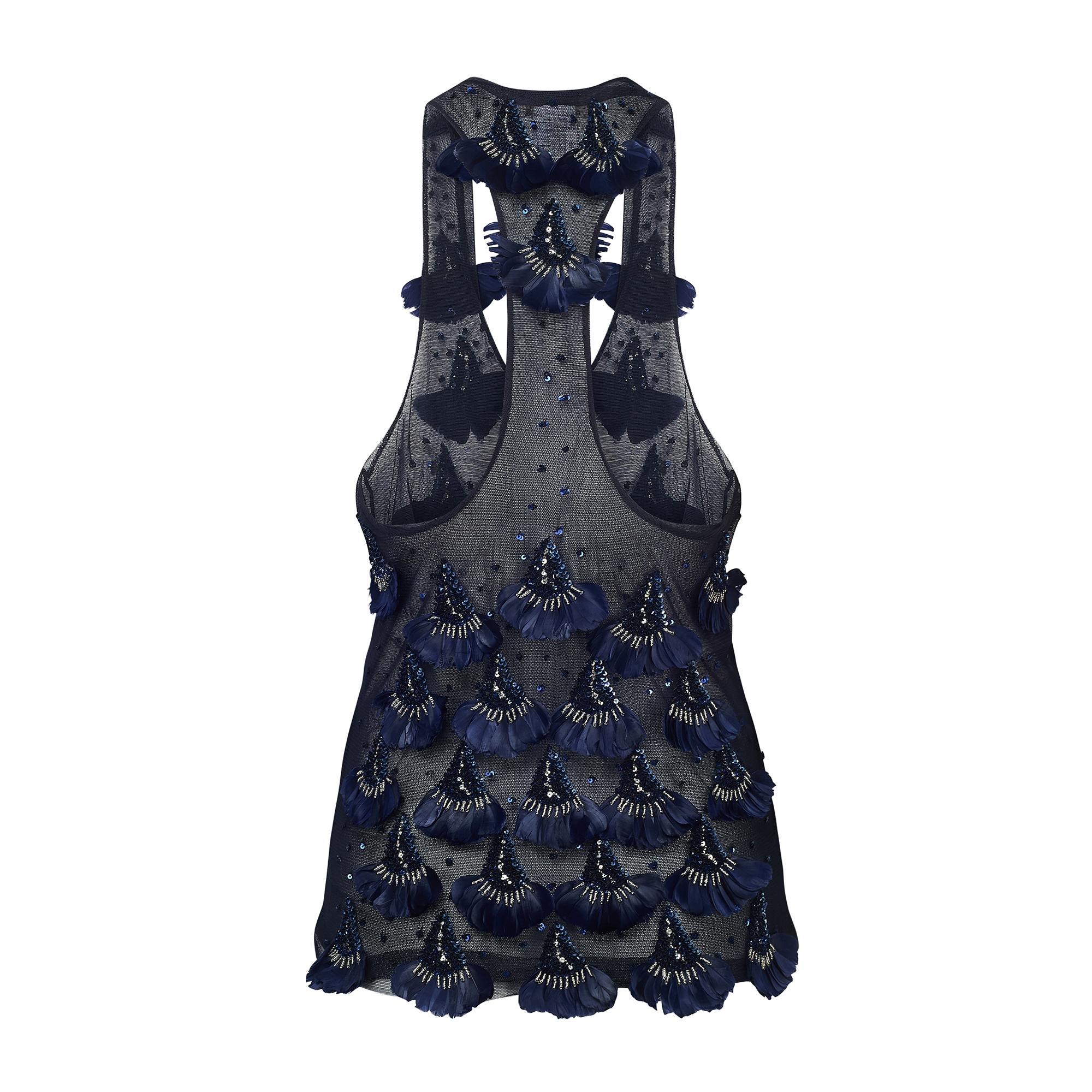 Black 2003 Blumarine Runway Documented Blue Tulle Sequin and Feather Top For Sale