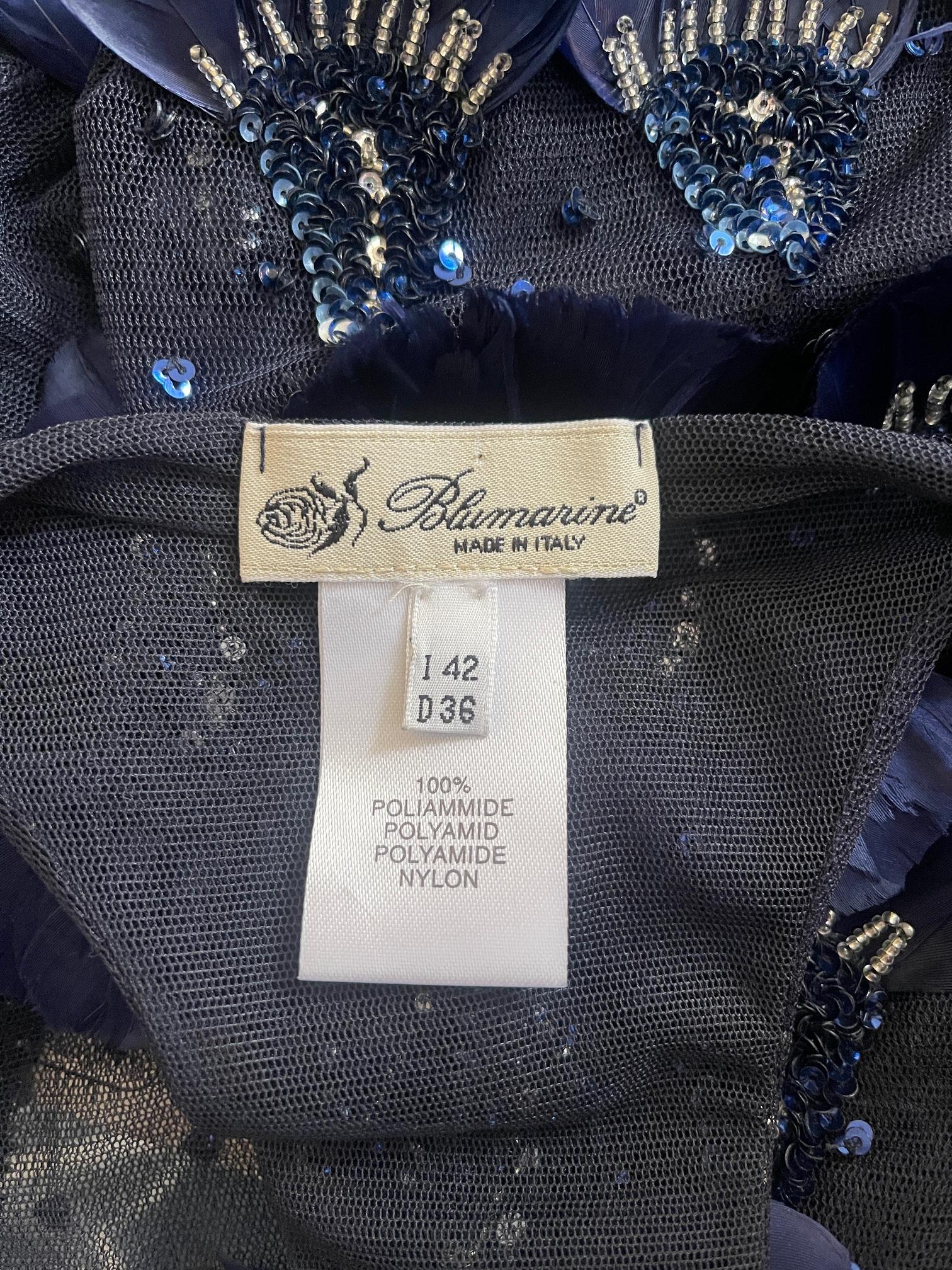 Women's 2003 Blumarine Runway Documented Blue Tulle Sequin and Feather Top For Sale