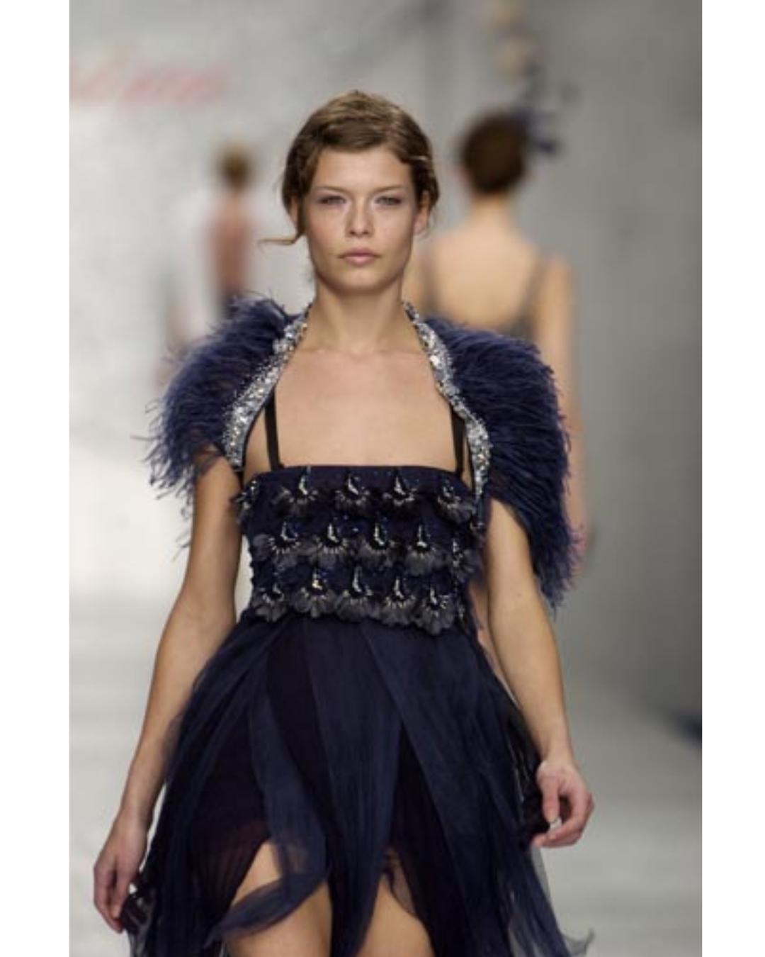 2003 Blumarine Runway Documented Blue Tulle Sequin and Feather Top For Sale 1