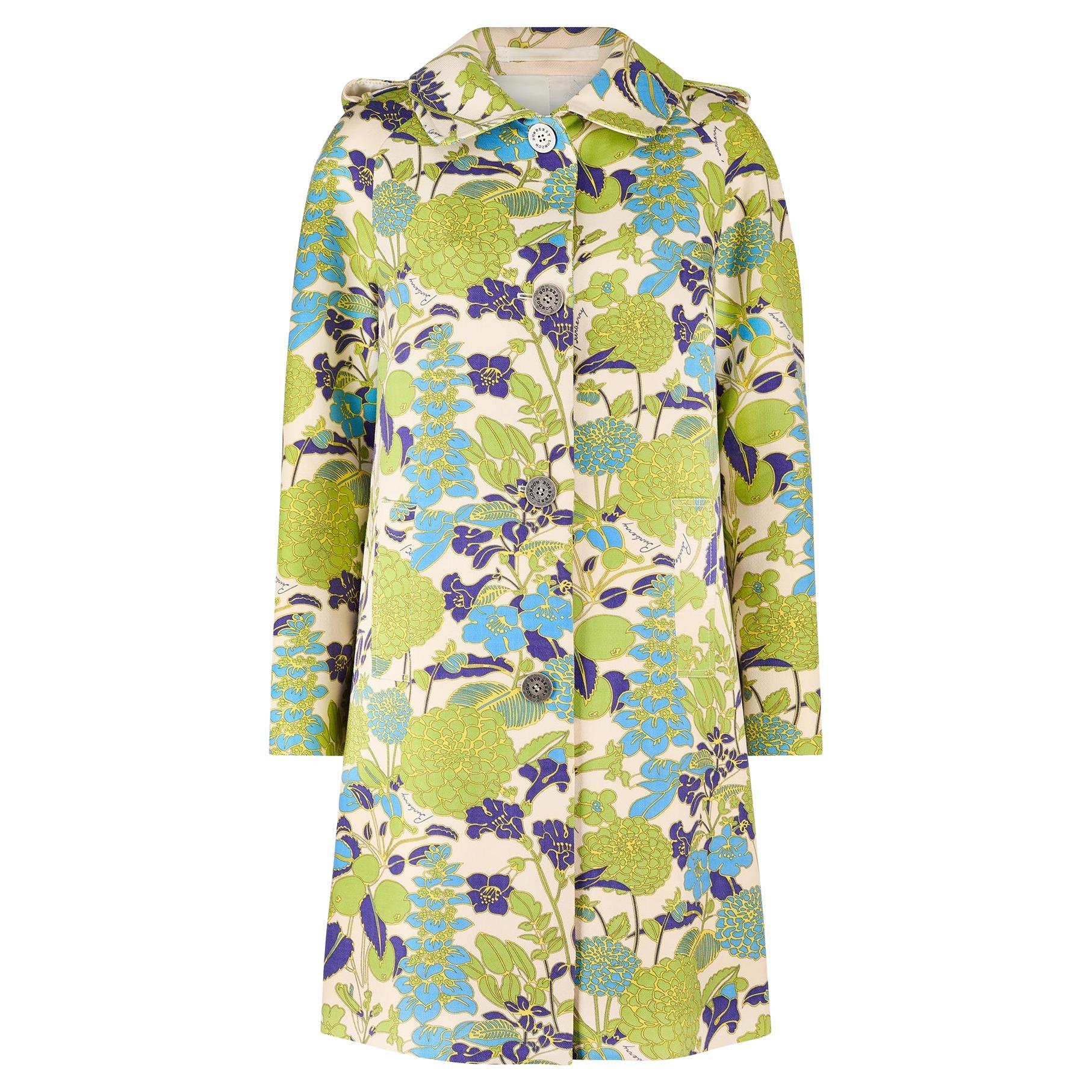 2003 Burberry Green Blue Yellow Floral Wool Coat