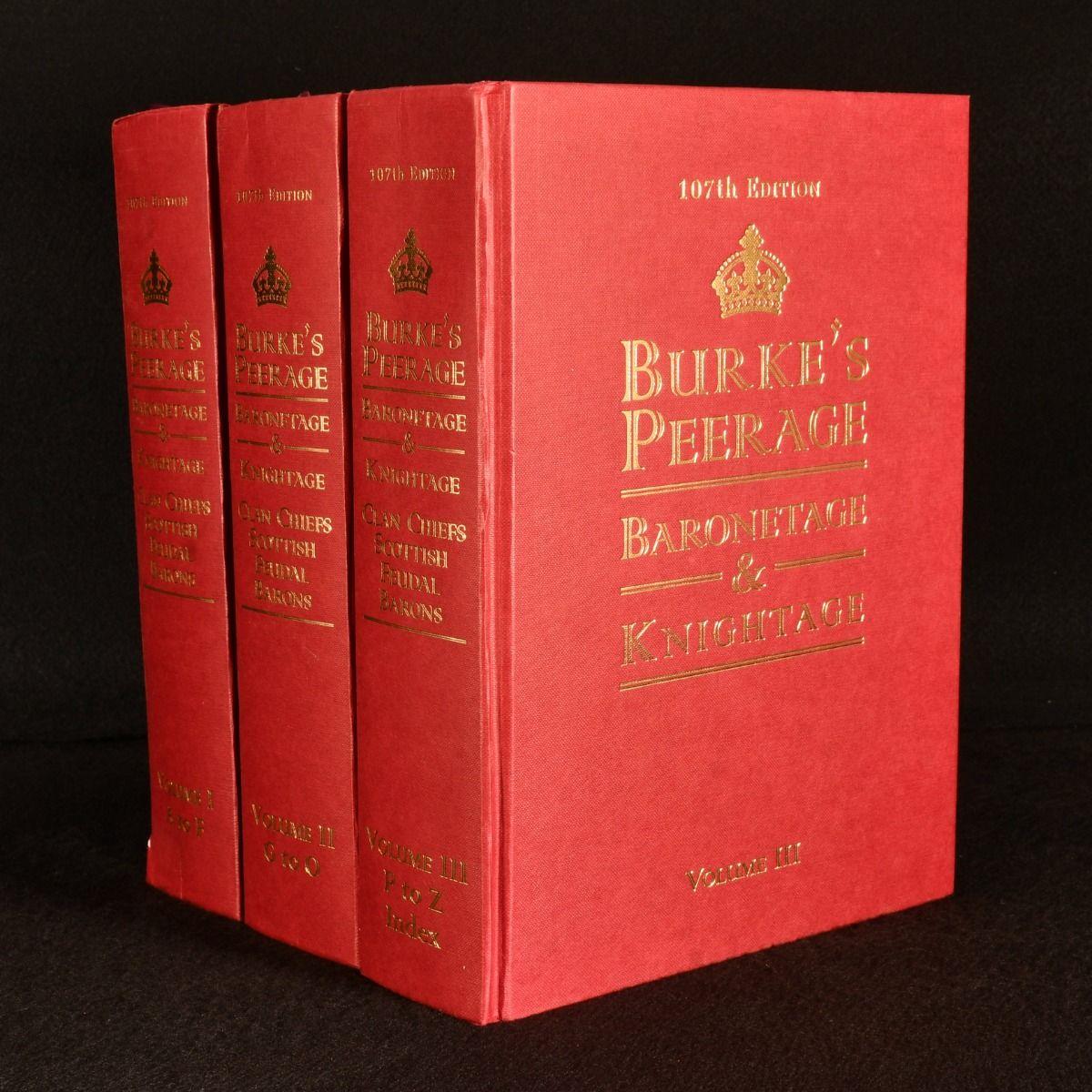 A smart 107th edition of Burke's Peerage on the ancestry and heraldry of the peerage of Great Britain and Ireland, in the original slip case.

Complete in three volumes. 107th edition. A collection devoted to the ancestry and heraldry of the