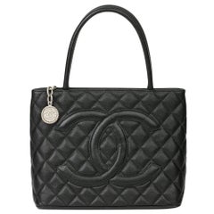 2003 Chanel Black Quilted Caviar Leather Medallion Tote