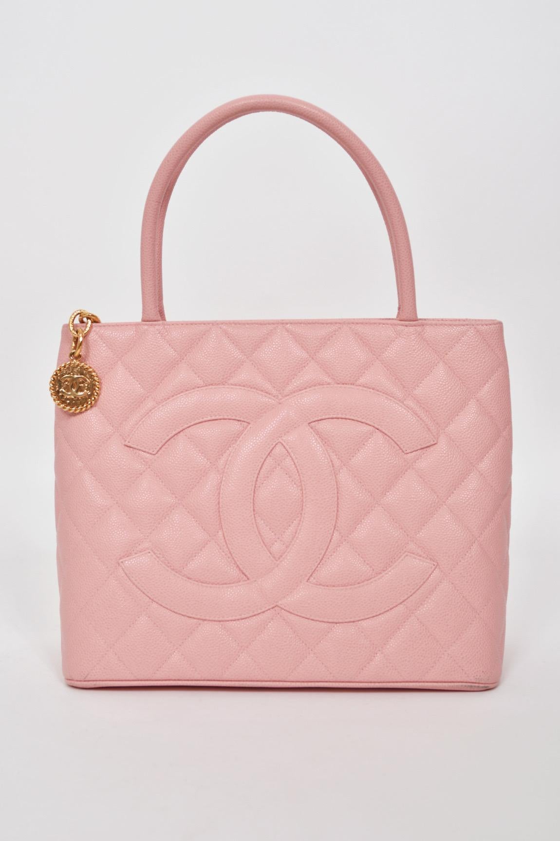 2003 Chanel by Karl Lagerfeld Pale Pink Caviar Leather Medallion Tote Logo Purse 5