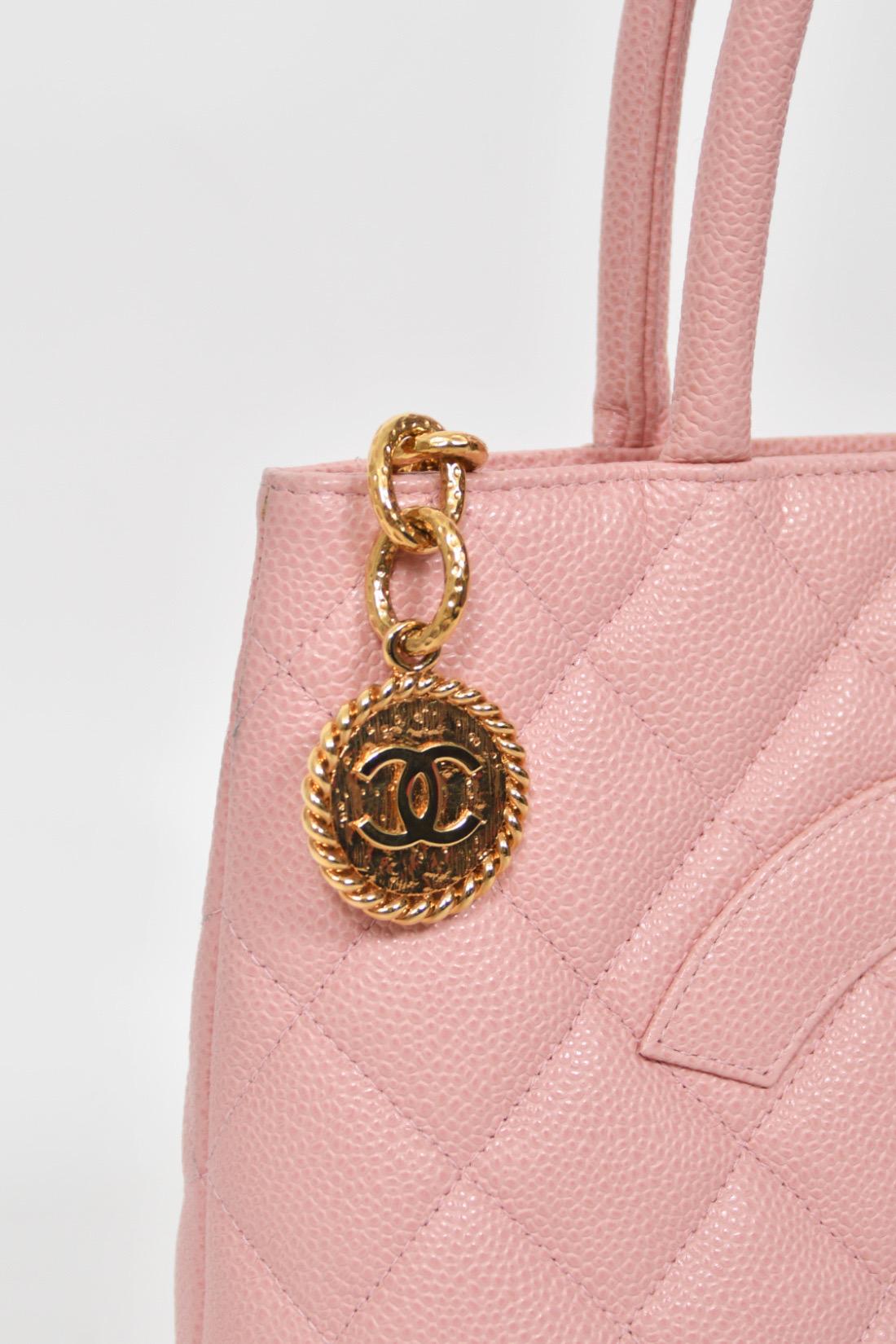 Beige 2003 Chanel by Karl Lagerfeld Pale Pink Caviar Leather Medallion Tote Logo Purse
