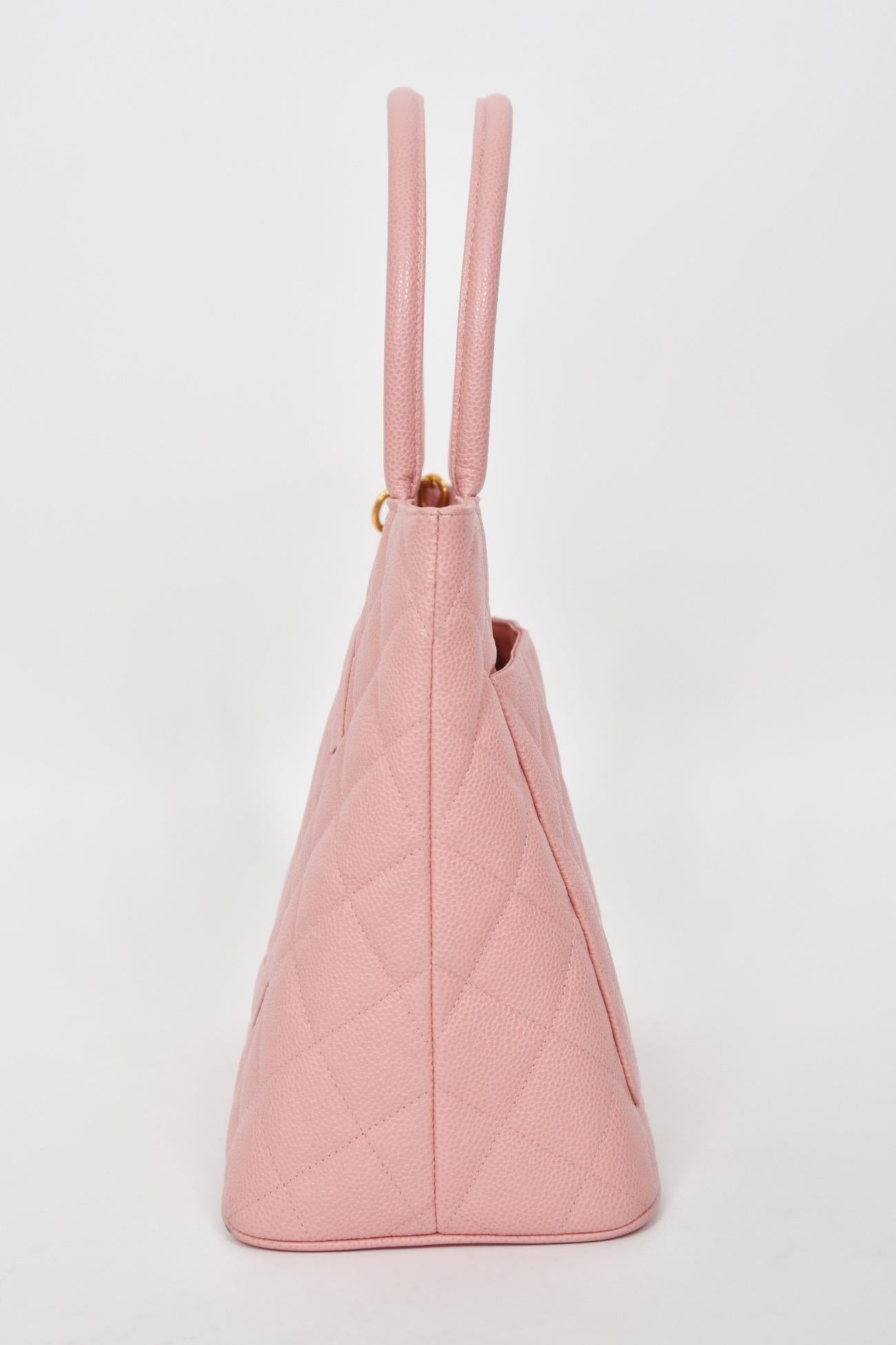 2003 Chanel by Karl Lagerfeld Pale Pink Caviar Leather Medallion Tote Logo Purse 1