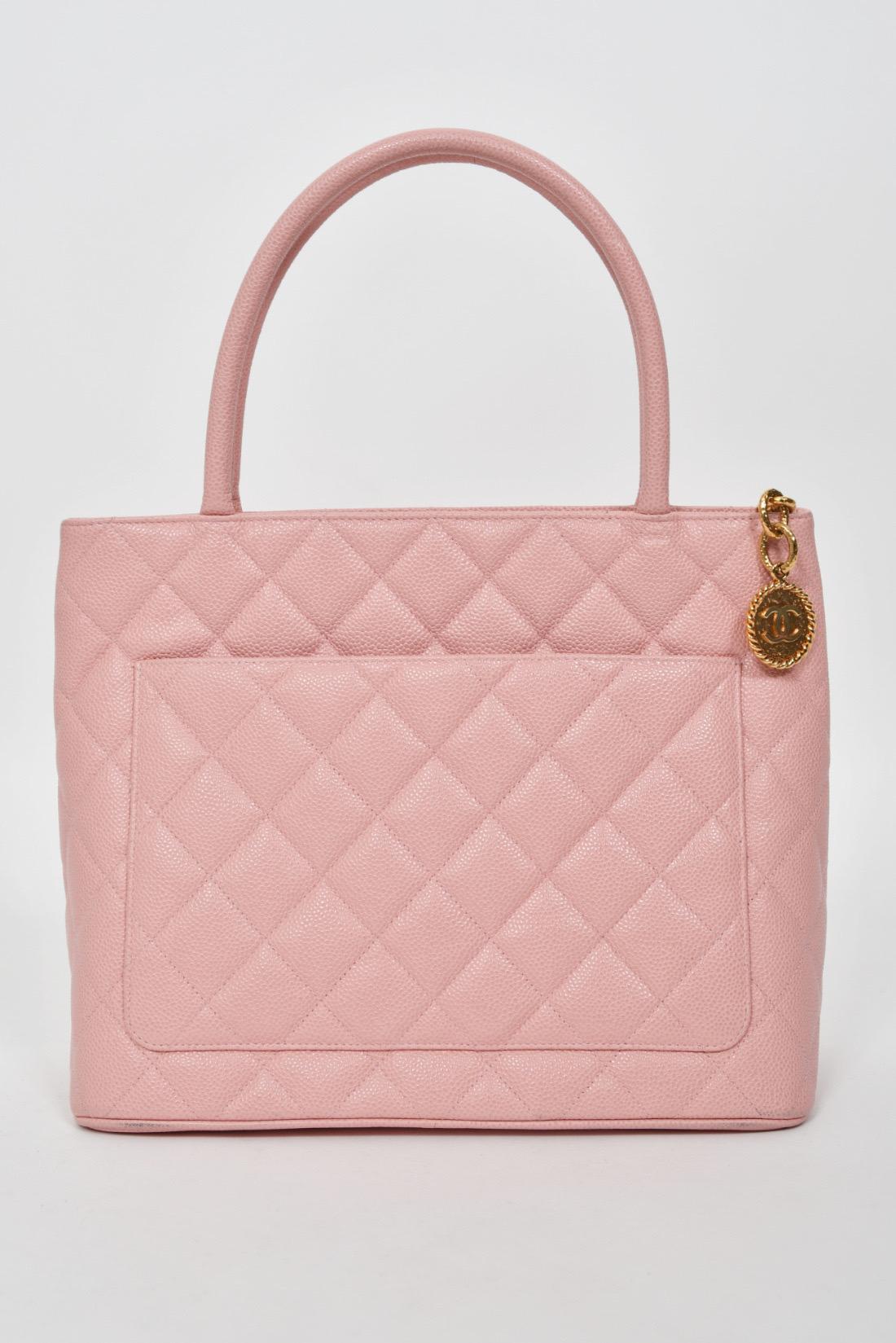 2003 Chanel by Karl Lagerfeld Pale Pink Caviar Leather Medallion Tote Logo Purse 4