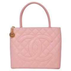2003 Chanel by Karl Lagerfeld Pale Pink Caviar Leather Medallion Tote Logo Purse