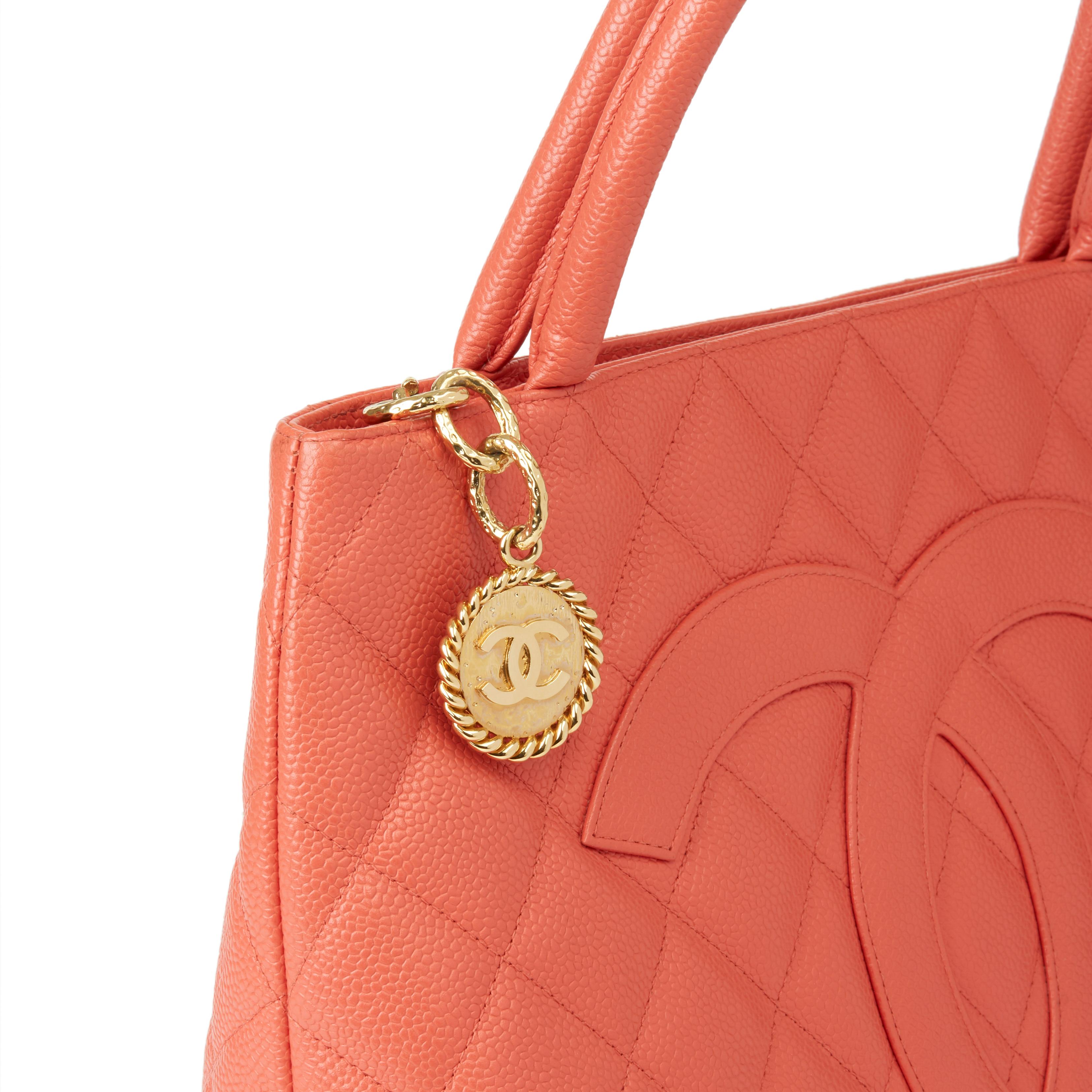 Orange 2003 Chanel Coral Quilted Caviar Leather Medallion Tote