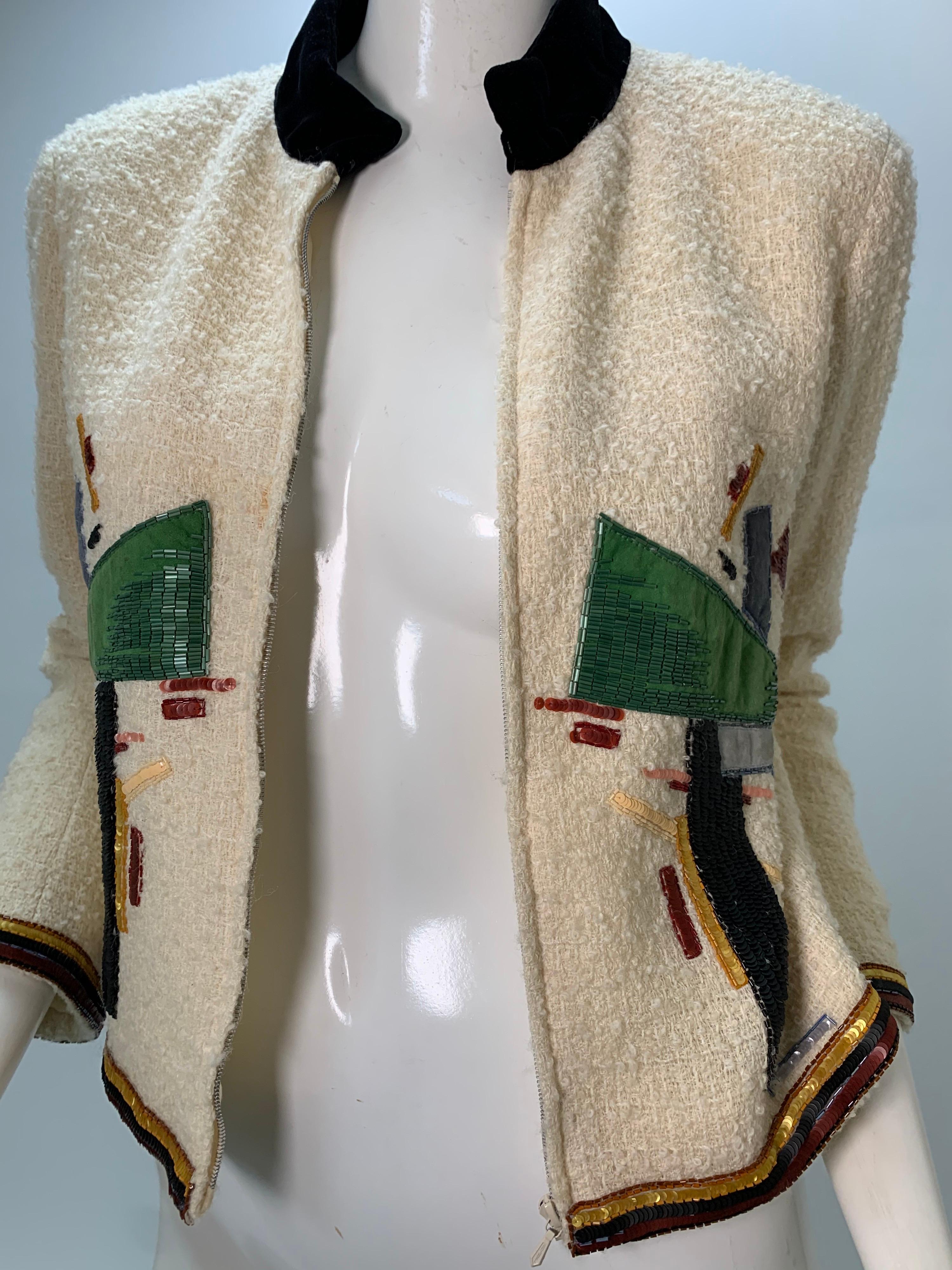 2003 Chanel Cream Wool Boucle Cropped Zip Front Jacket W /Patchwork Beading 5