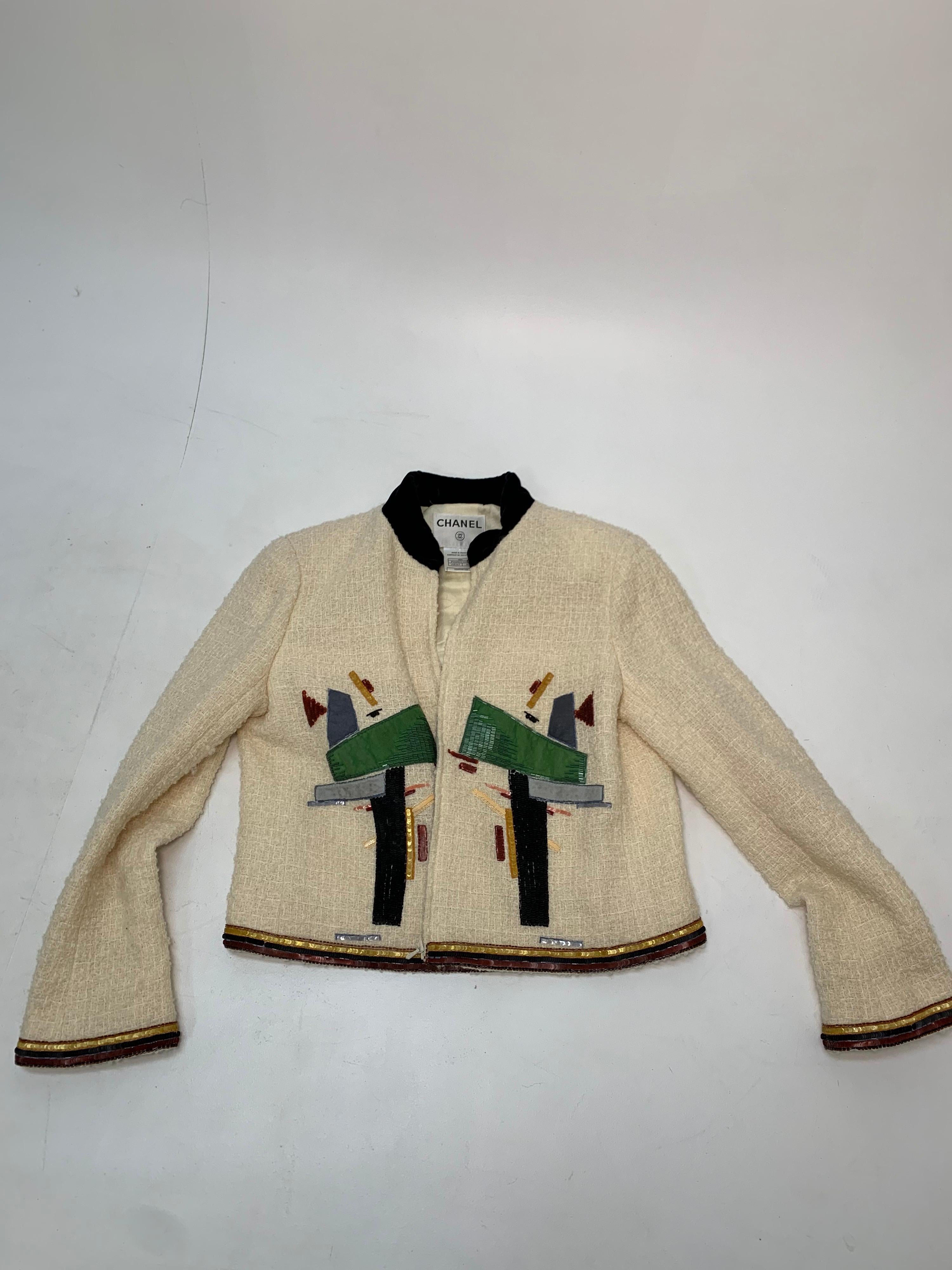 2003 Chanel Cream Wool Boucle Cropped Zip Front Jacket W /Patchwork Beading 6