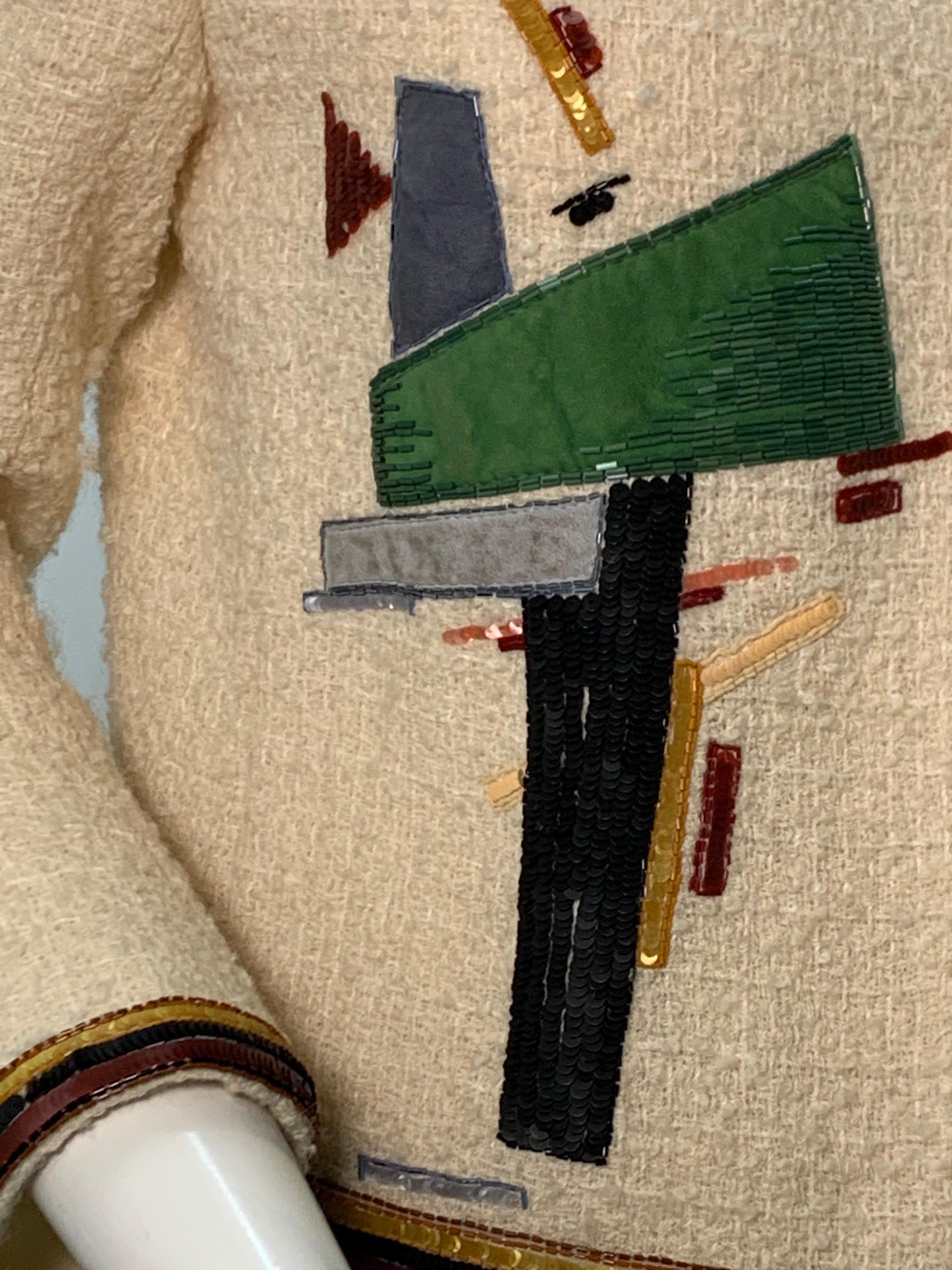 2003 Chanel Cream Wool Boucle Cropped Zip Front Jacket W /Patchwork Beading In Excellent Condition In Gresham, OR
