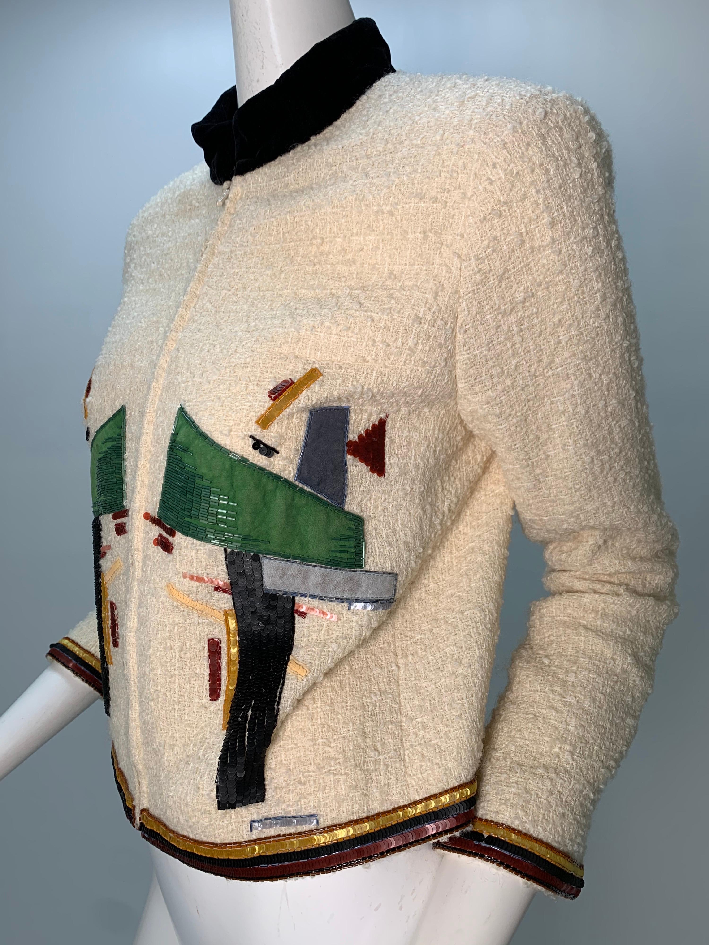 Women's 2003 Chanel Cream Wool Boucle Cropped Zip Front Jacket W /Patchwork Beading