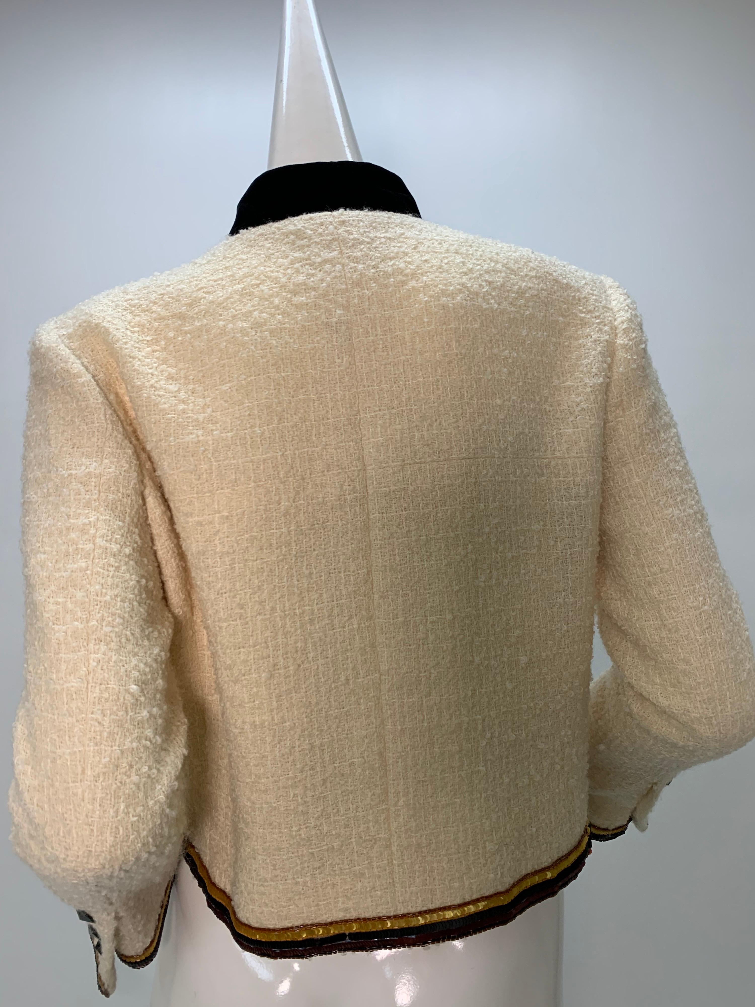 2003 Chanel Cream Wool Boucle Cropped Zip Front Jacket W /Patchwork Beading 2