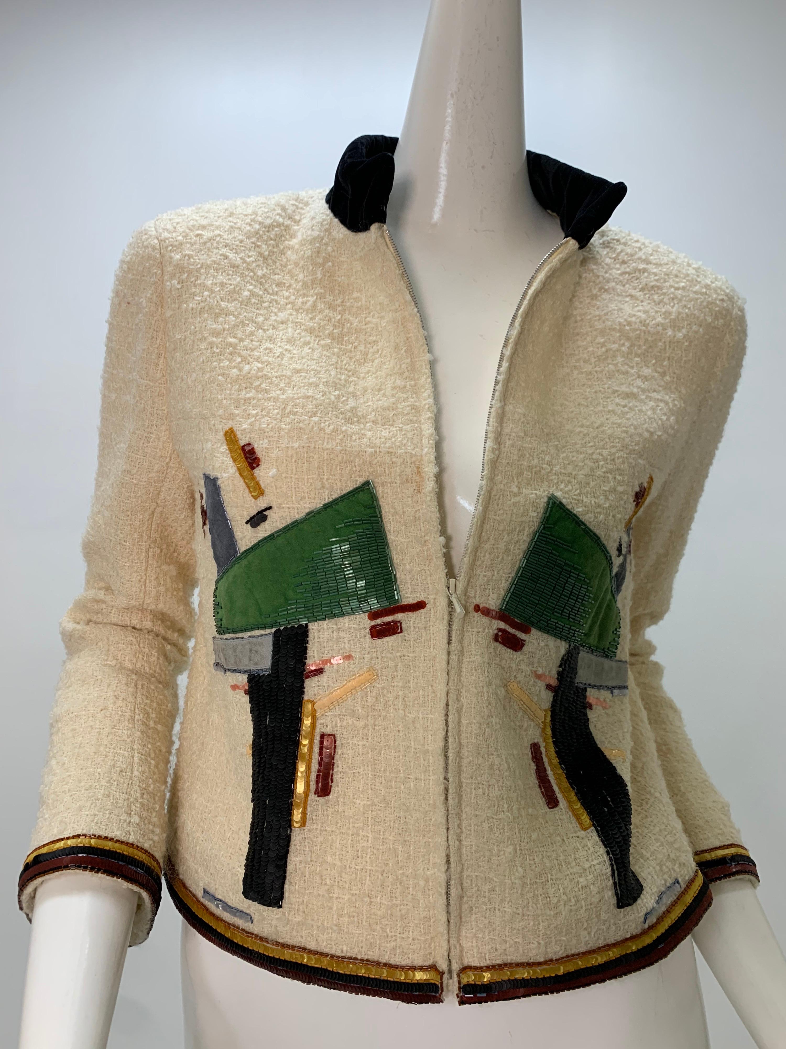 2003 Chanel Cream Wool Boucle Cropped Zip Front Jacket W /Patchwork Beading 3