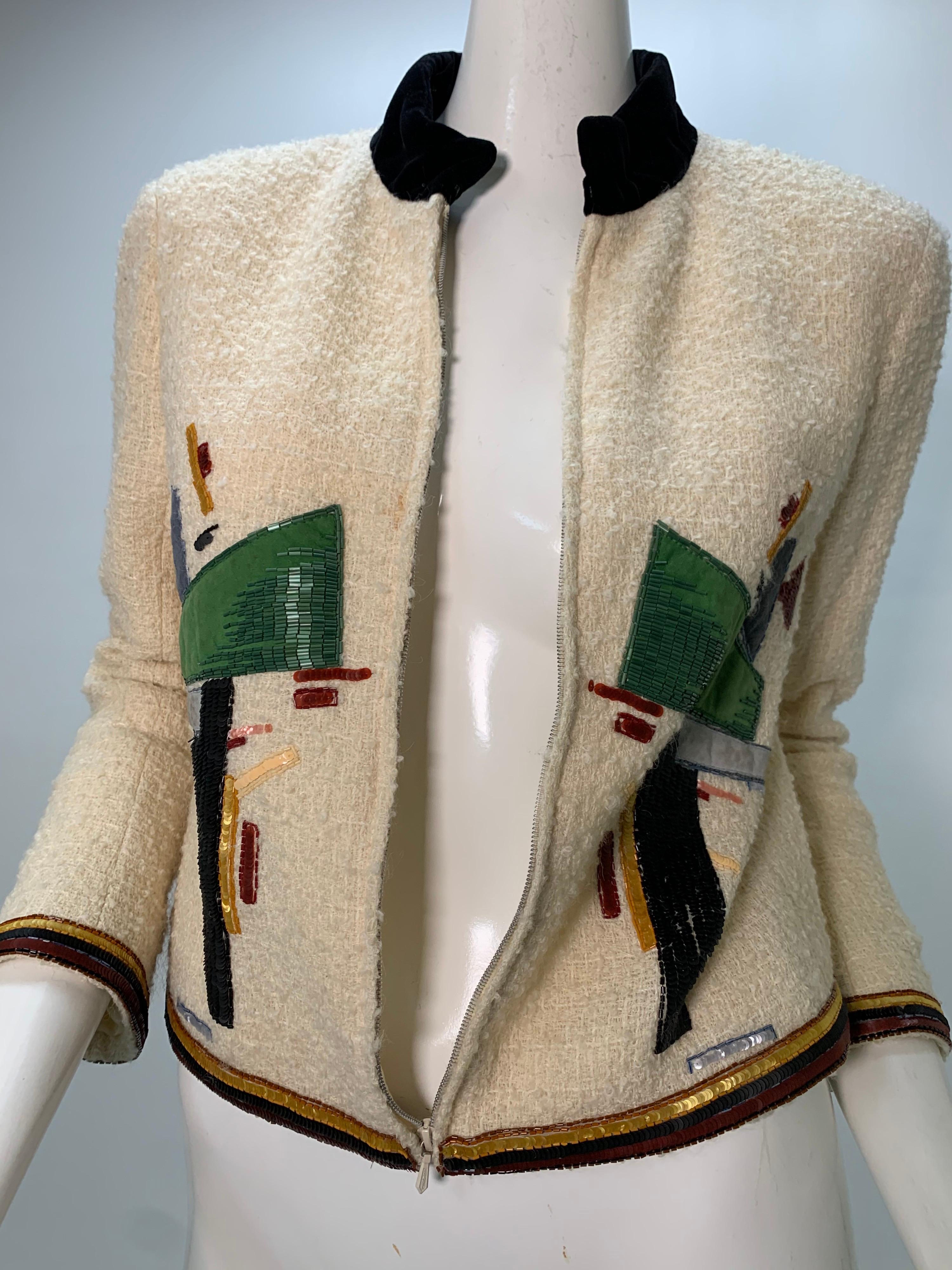 2003 Chanel Cream Wool Boucle Cropped Zip Front Jacket W /Patchwork Beading 4