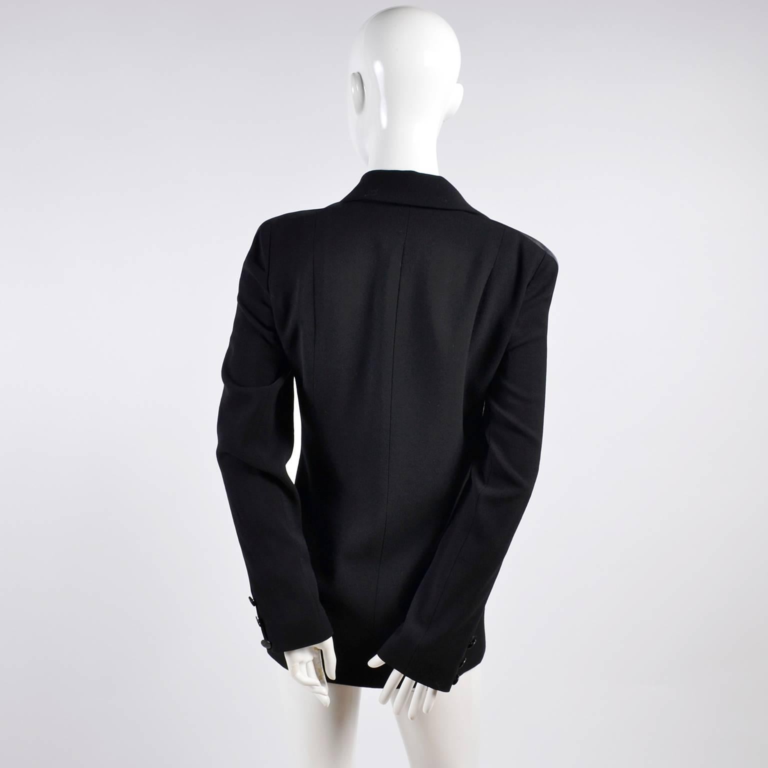 2003 Chanel Jacket Black Wool Blazer W Satin Stripes in Size 38 In Excellent Condition In Portland, OR
