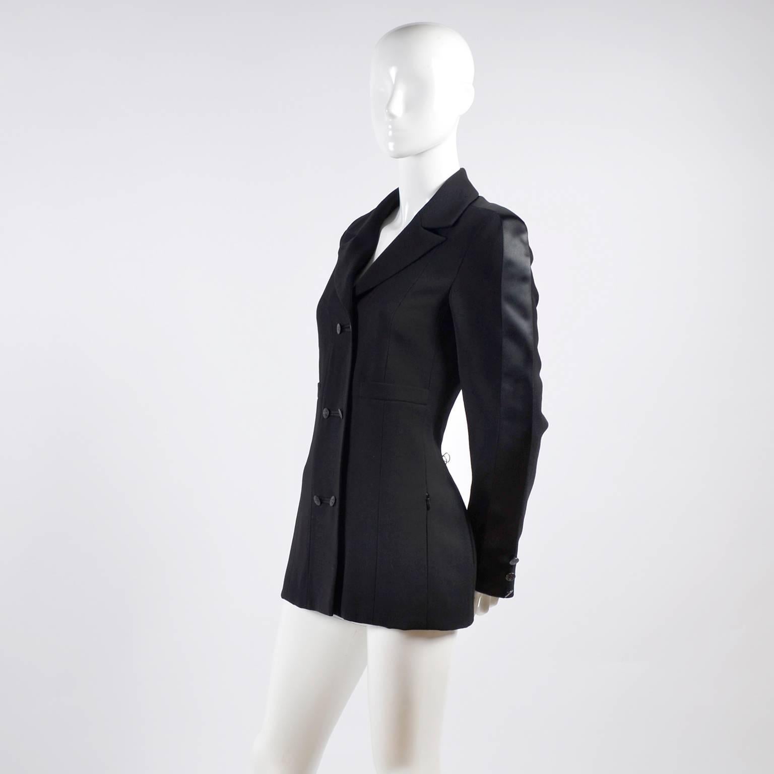 Women's 2003 Chanel Jacket Black Wool Blazer W Satin Stripes in Size 38