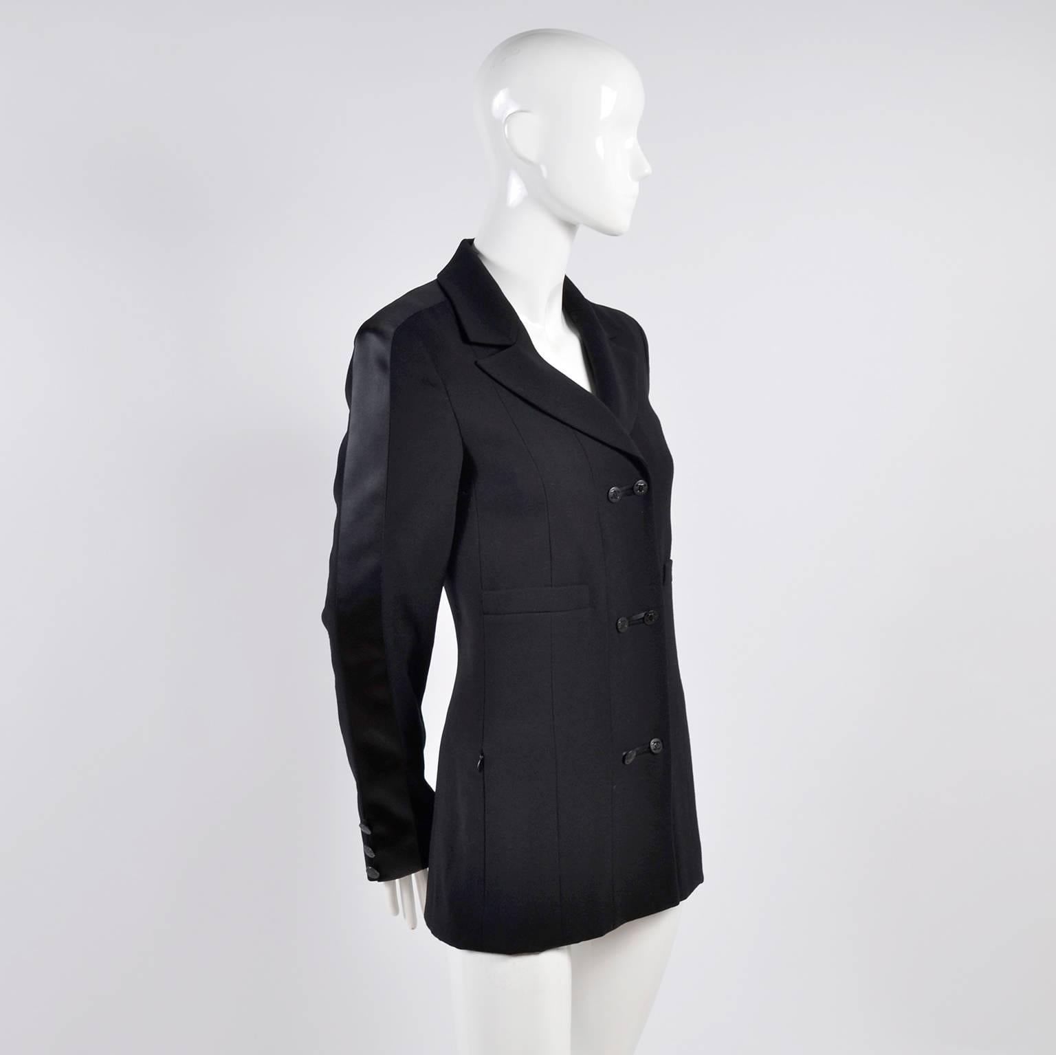 2003 Chanel Jacket Black Wool Blazer W Satin Stripes in Size 38 2