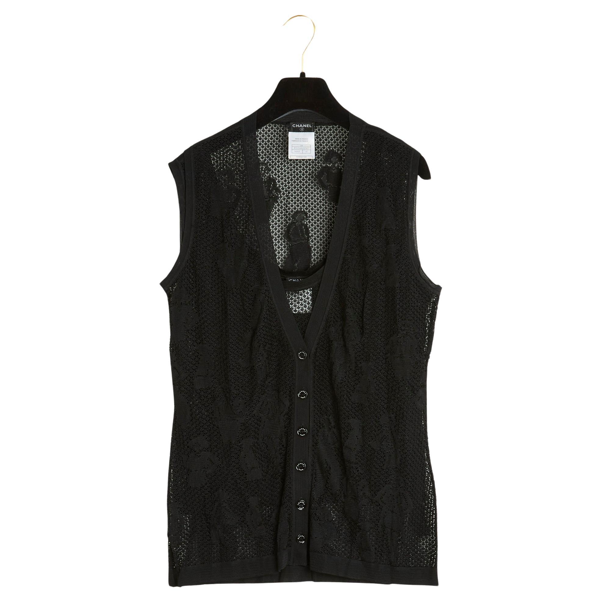 2003 Chanel Top Twin Set FR42 Rayon Nero Top Twin Set UK14 US12 in vendita