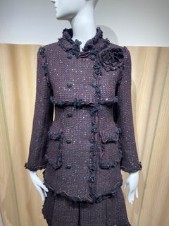 2003 CHANEL Burgundy and Black Women's Wool Jacket A-Line Skirt Suit