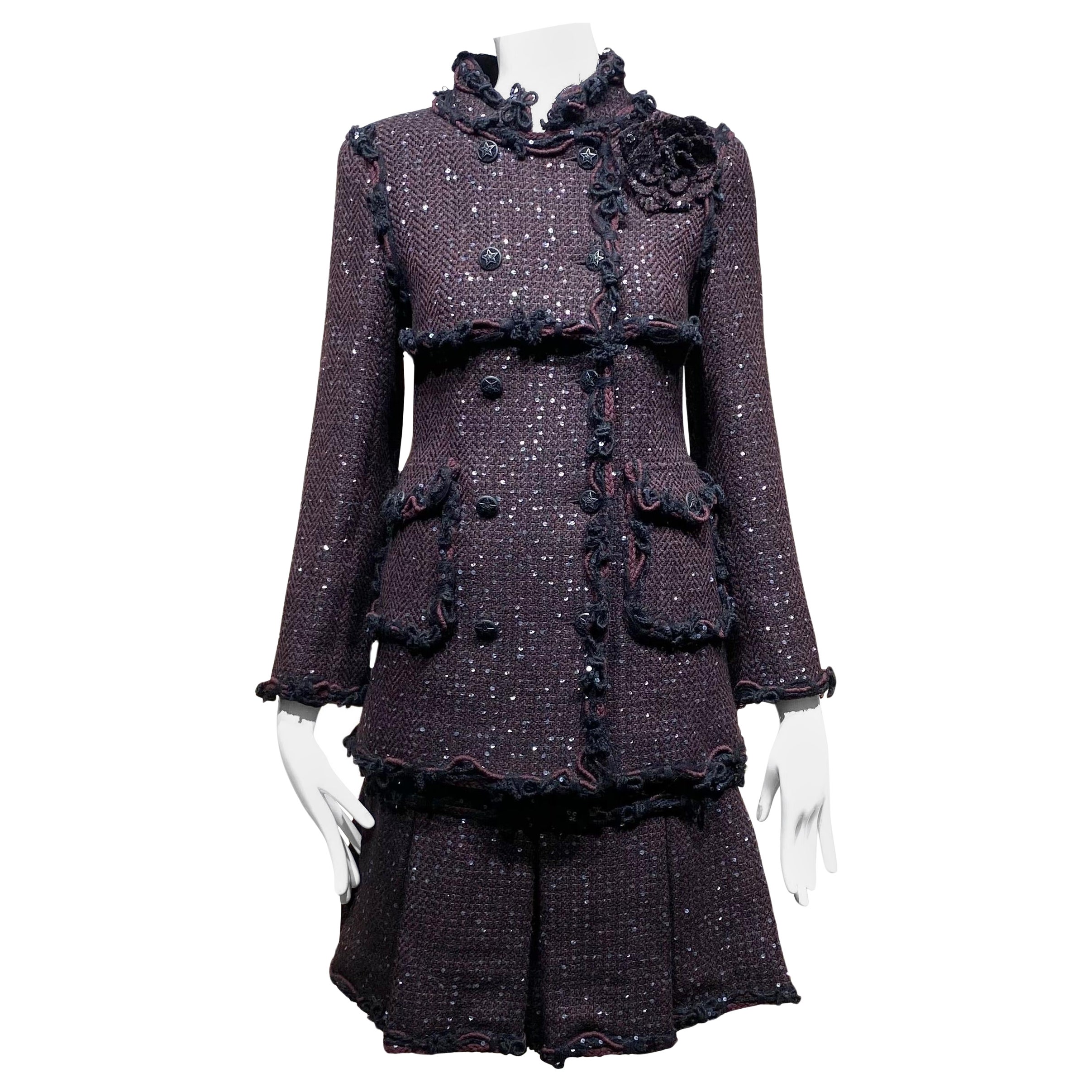 2003 CHANEL Burgundy and Black Women's Wool Jacket A-Line Skirt Suit