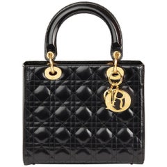 Vintage 2003 Christian Dior Black Quilted Glazed Calfskin Leather Medium Lady Dior