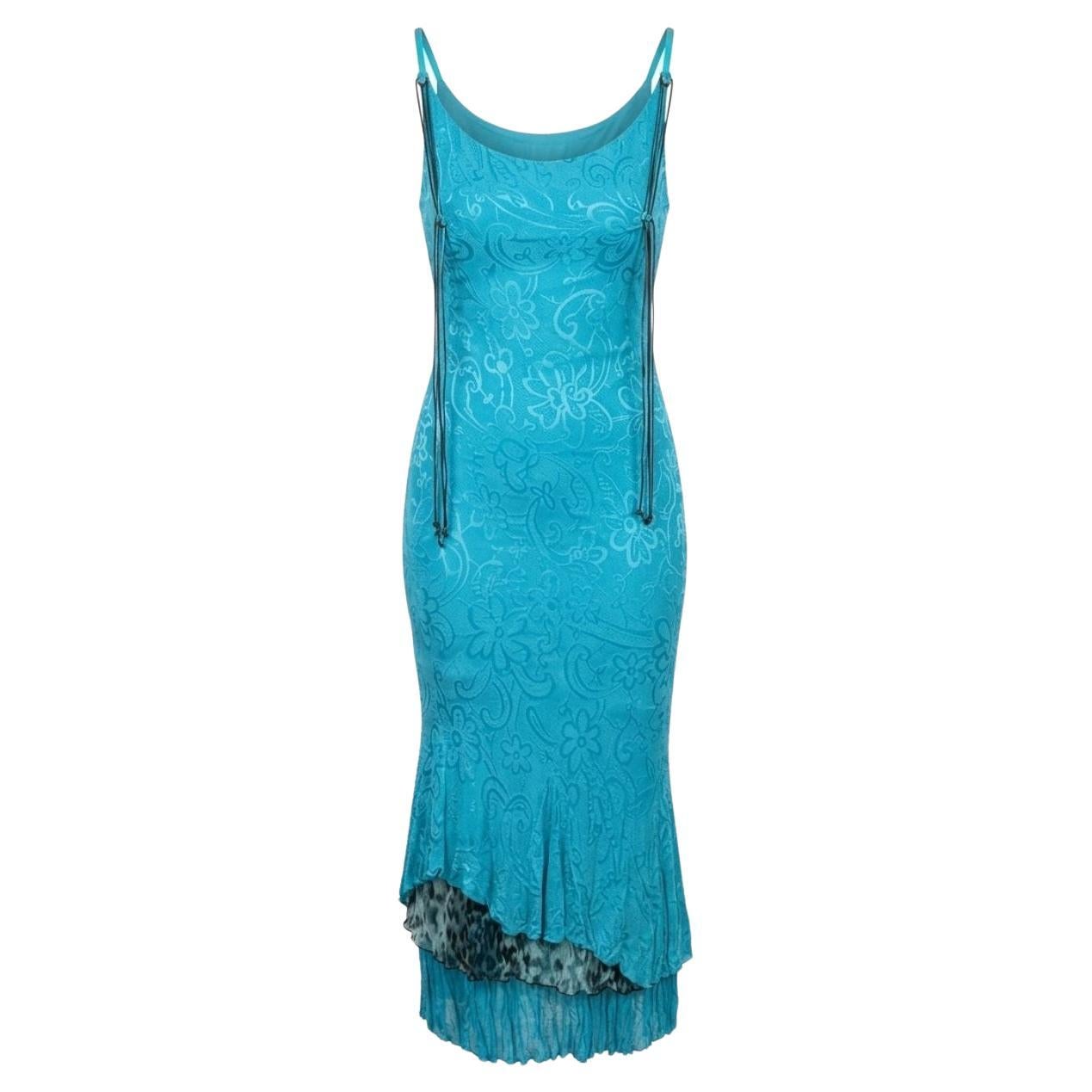 2003 Class Roberto Cavalli Turquoise Backless Dress - Leopard Lining & Turquoise