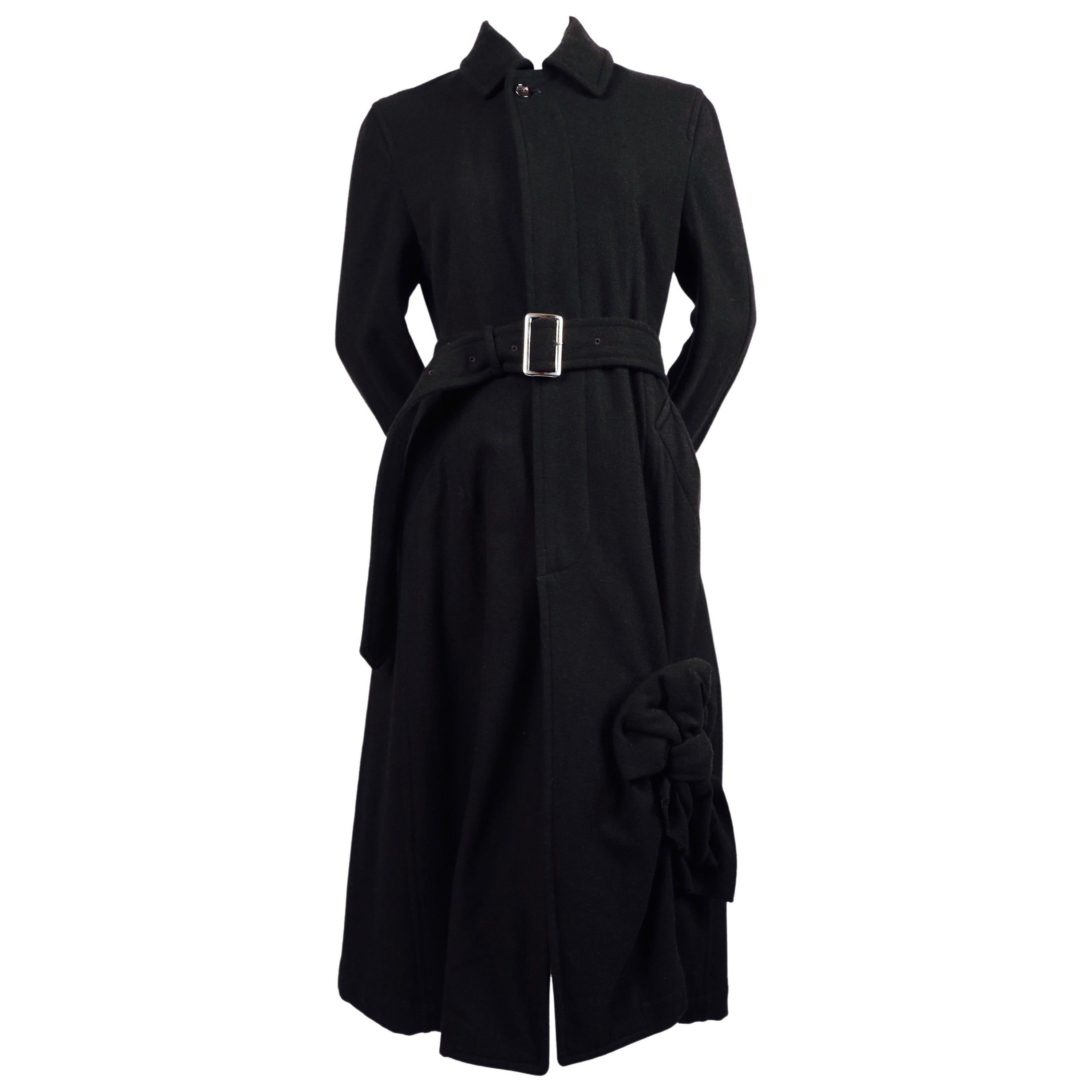 2003 COMME DES GARCONS jet black wool coat with knot detail For Sale