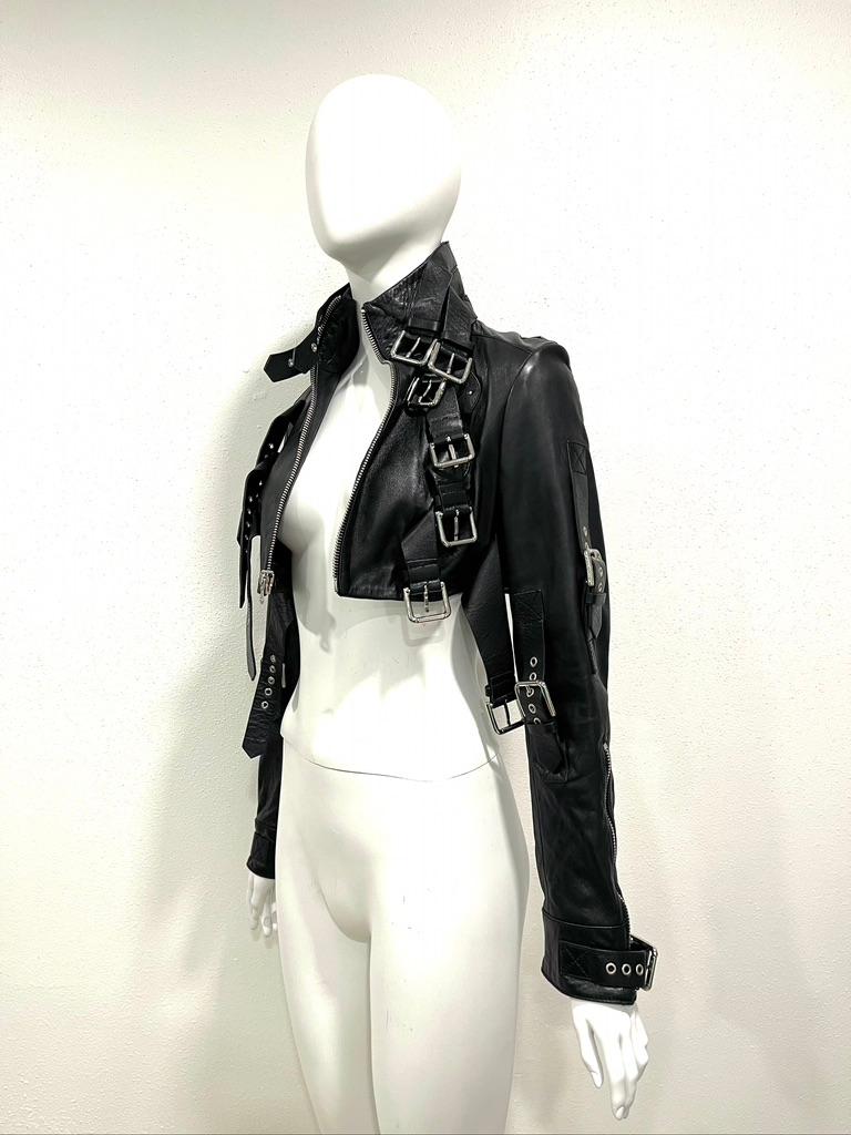 2003 Dolce & Gabbana Black Leather Cropped Buckle Jacket In Good Condition In Austin, TX