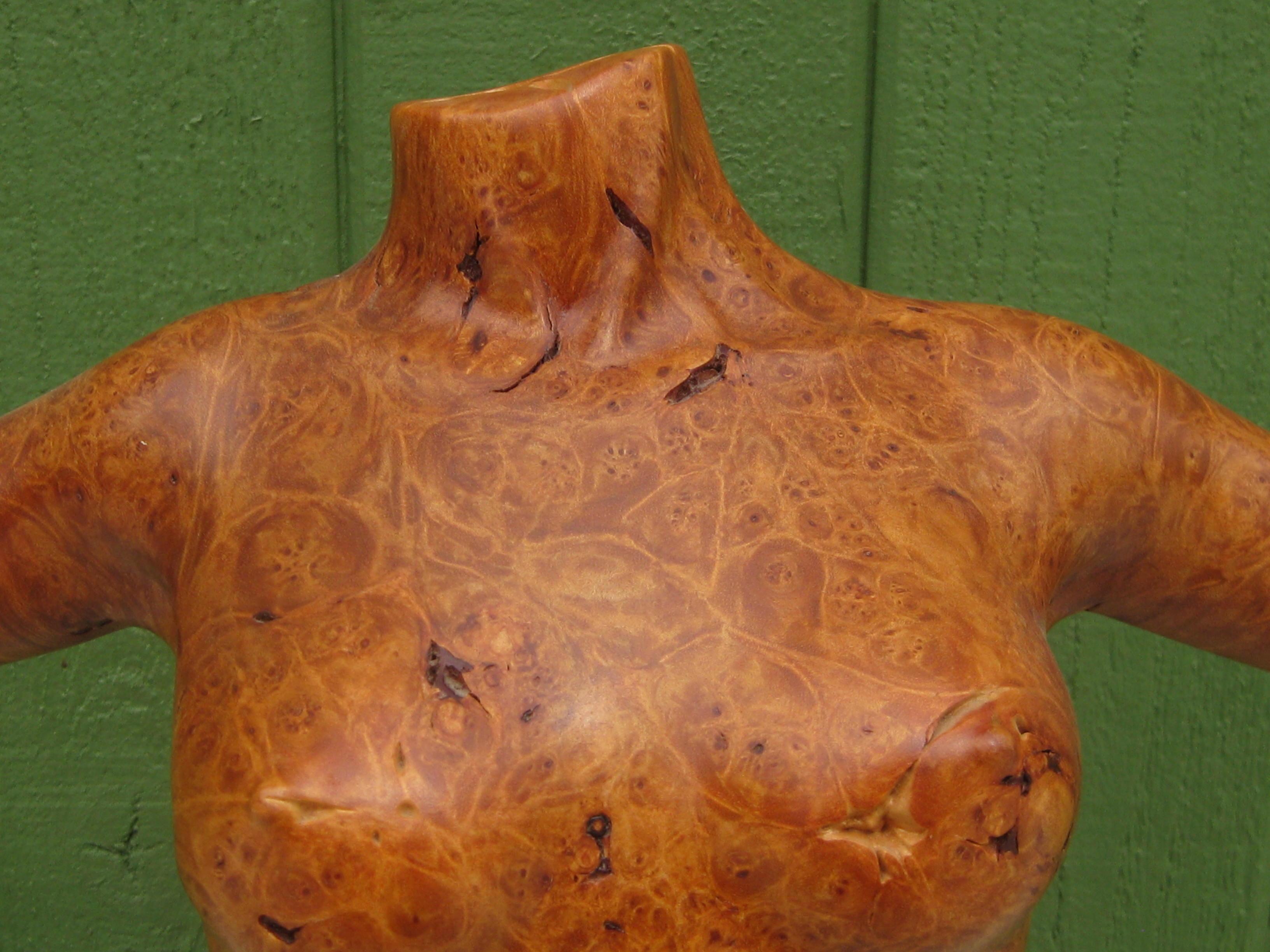 Intagliato a mano 2003 Torso di donna nuda con busto in legno di radica scolpito da Alexandria 19 1/2