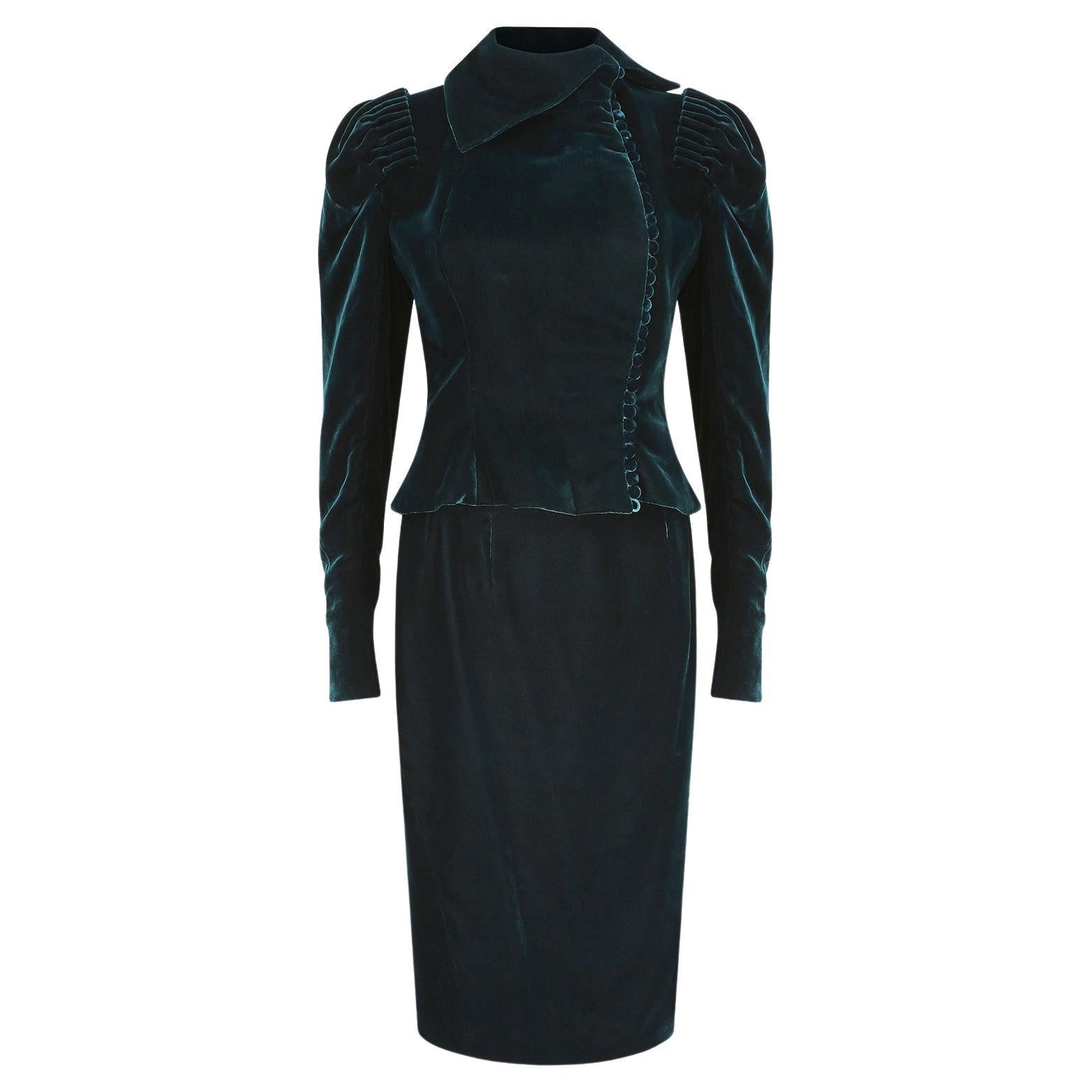 2003 Givenchy Fall Haute Couture Green Velvet Skirt Suit For Sale
