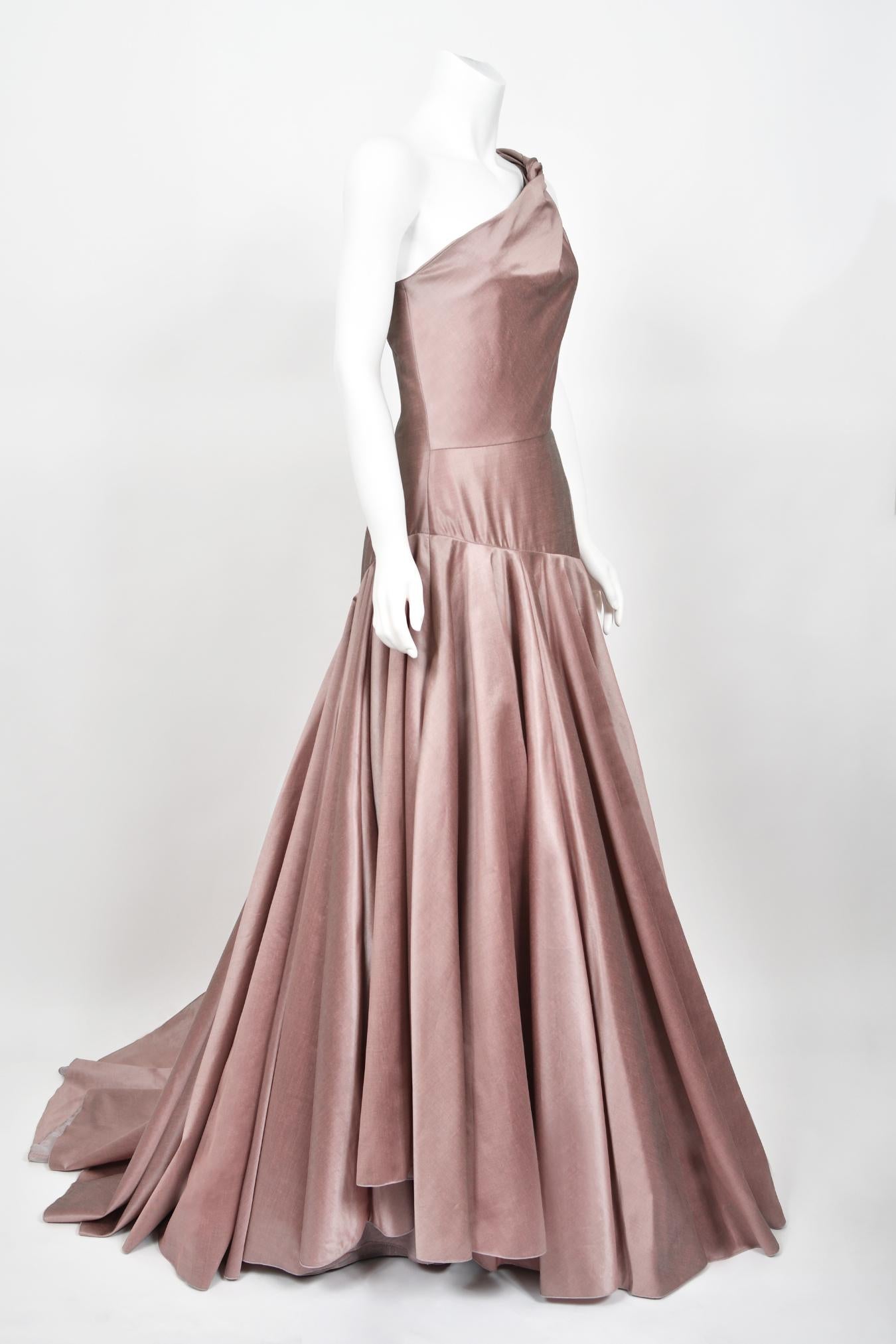 2003 Givenchy Mauve Pink Silk Asymmetric One-Shoulder Full Skirt Trained Gown 5