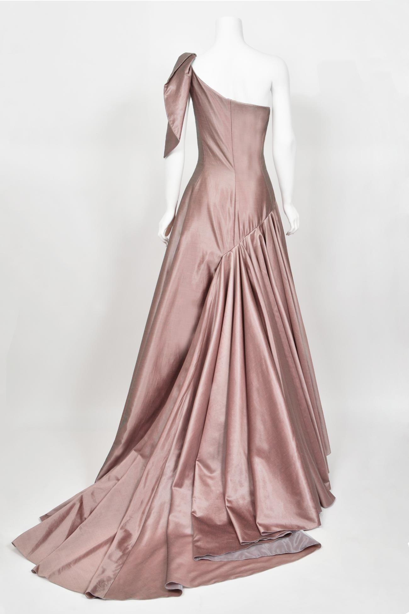 2003 Givenchy Mauve Pink Silk Asymmetric One-Shoulder Full Skirt Trained Gown 7