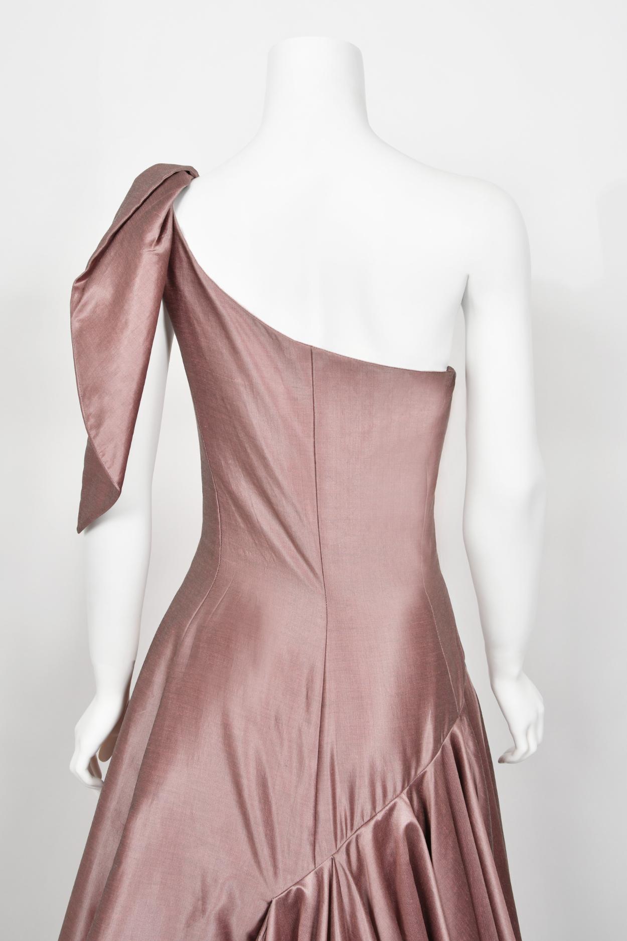 2003 Givenchy Mauve Pink Silk Asymmetric One-Shoulder Full Skirt Trained Gown 8