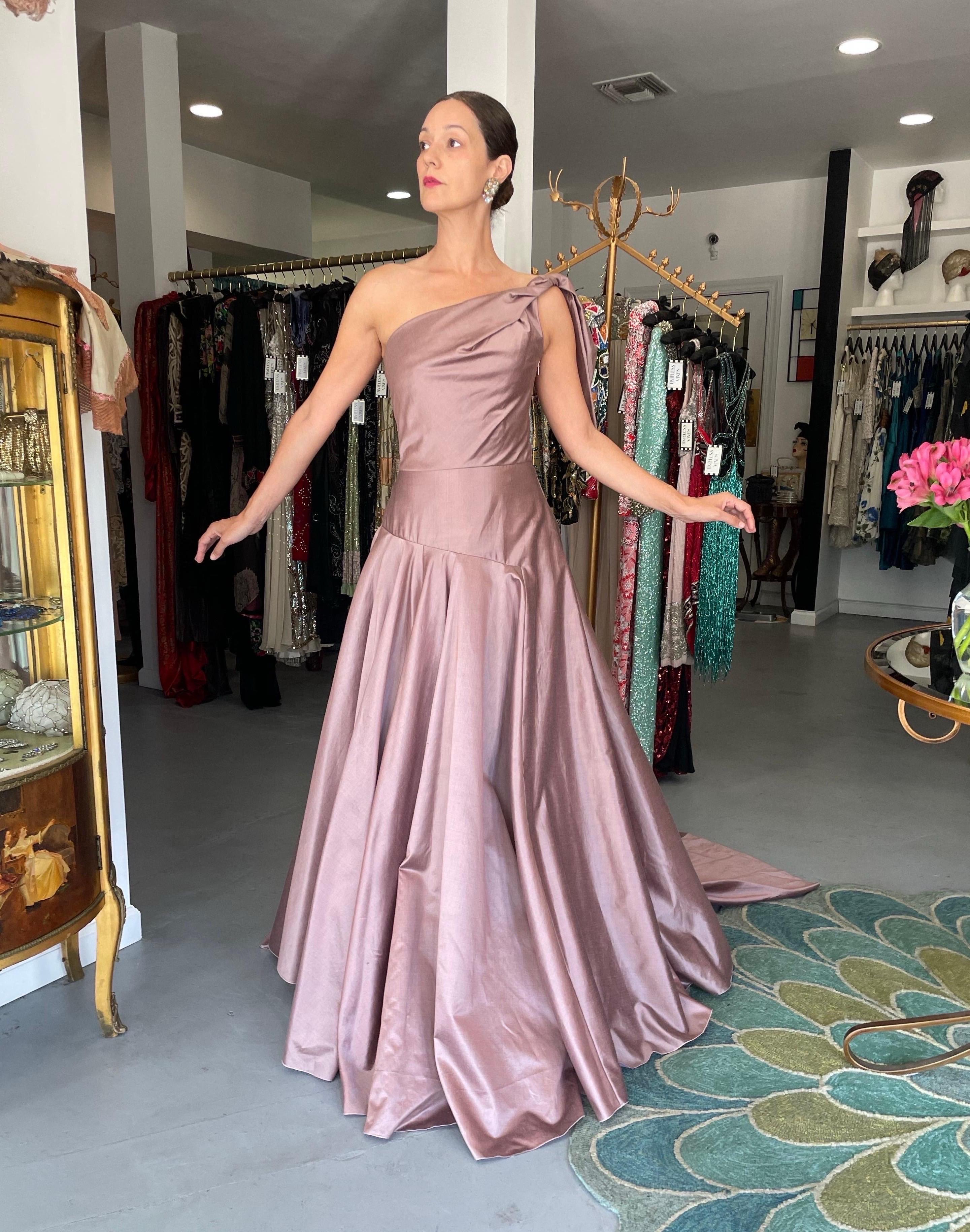 Purple 2003 Givenchy Mauve Pink Silk Asymmetric One-Shoulder Full Skirt Trained Gown