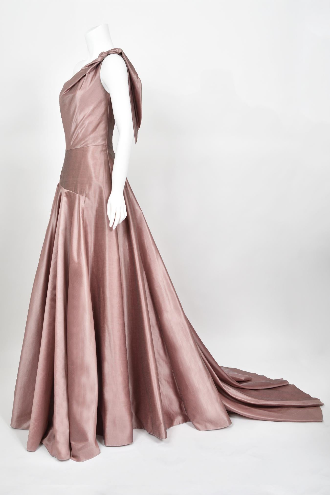 2003 Givenchy Mauve Pink Silk Asymmetric One-Shoulder Full Skirt Trained Gown 1