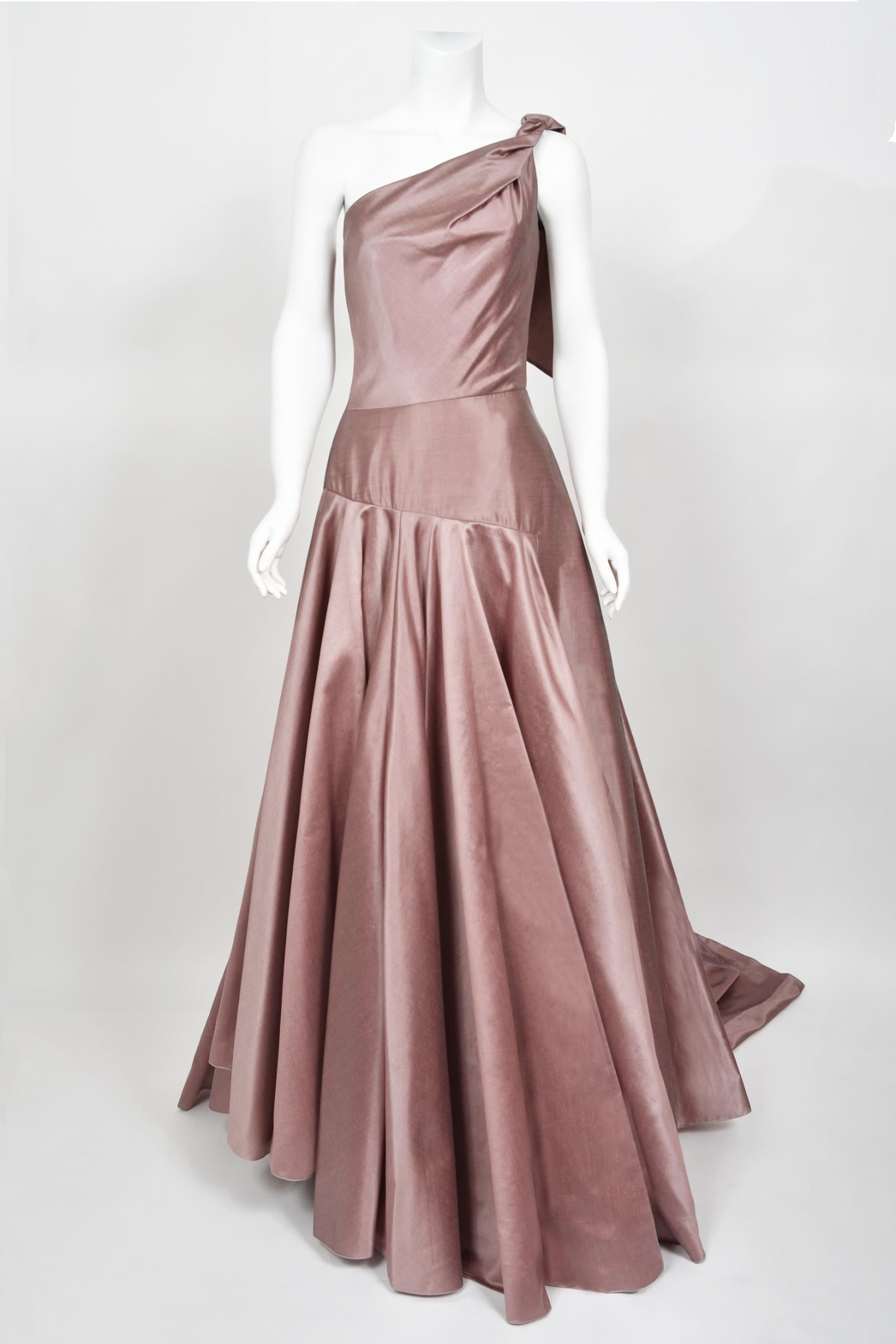 2003 Givenchy Mauve Pink Silk Asymmetric One-Shoulder Full Skirt Trained Gown 3