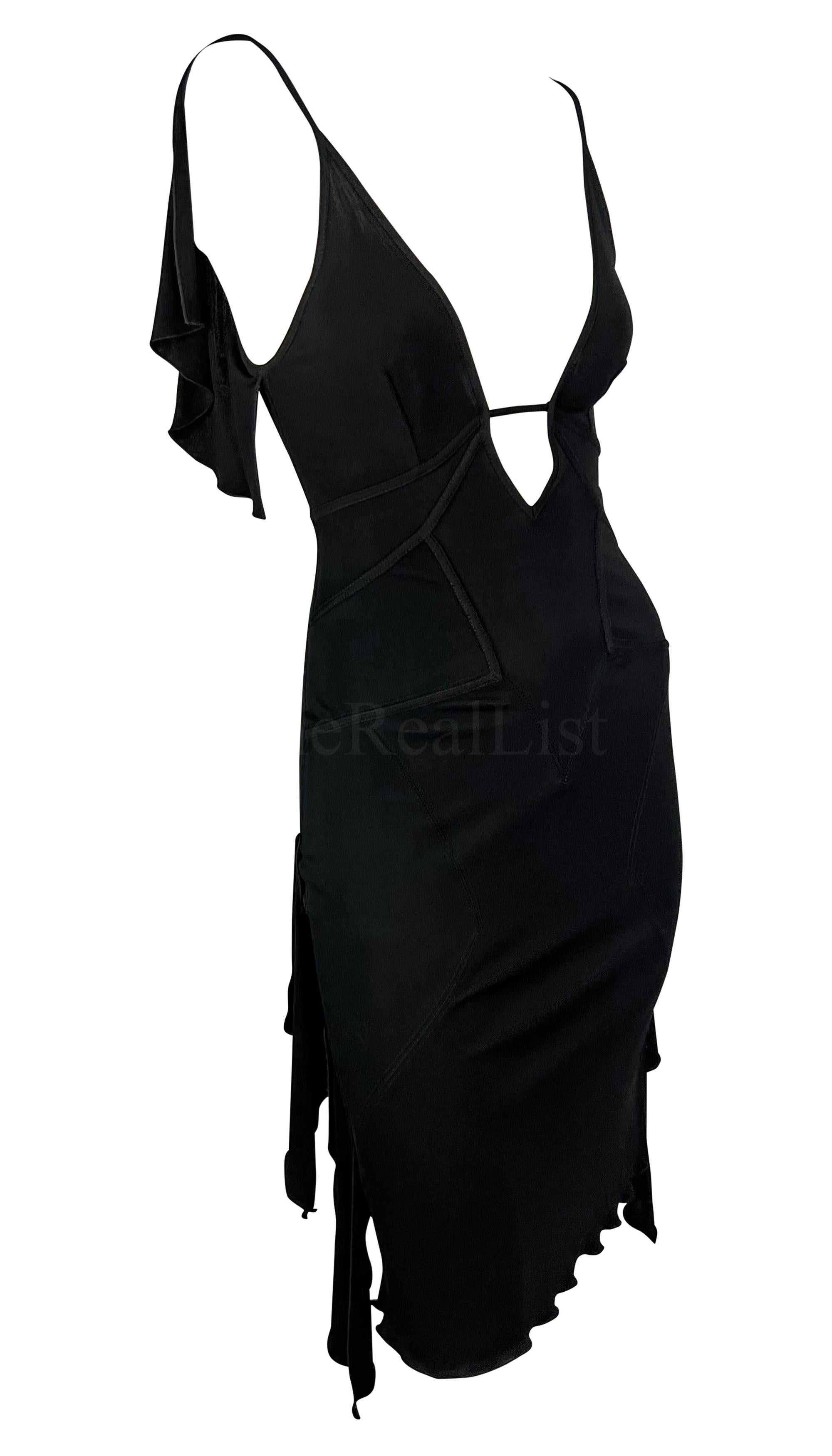 2003 Gucci by Tom Ford Black Plunge Ruffle Dress Sleeveless For Sale 3