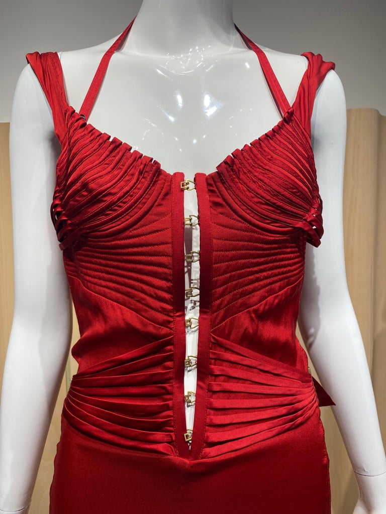 2003 Gucci by Tom Ford Red Silk Corset Fitted Dress For Sale at 1stDibs
