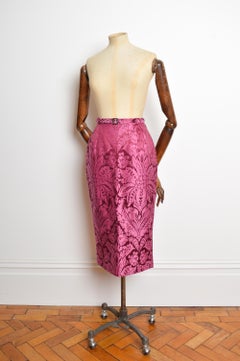 2003 John Galliano Runway Raspberry Pink Damask Jacquard High Waist Pencil Skirt