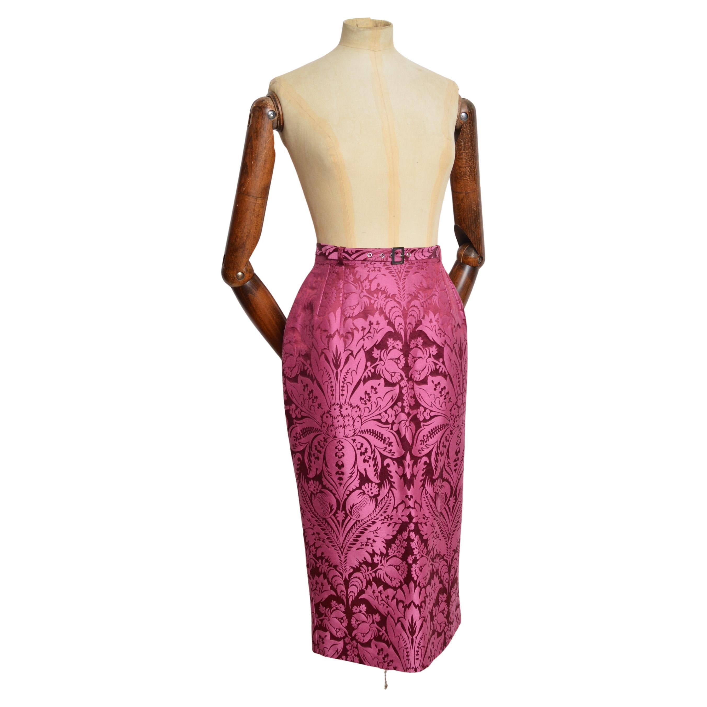 2003 John Galliano Runway Raspberry Pink Damask Jacquard High Waist Pencil Skirt