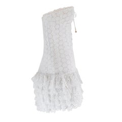 2003 Julien Macdonald Pasarela Mini Vestido Blanco de Algodón con Falda de Volantes