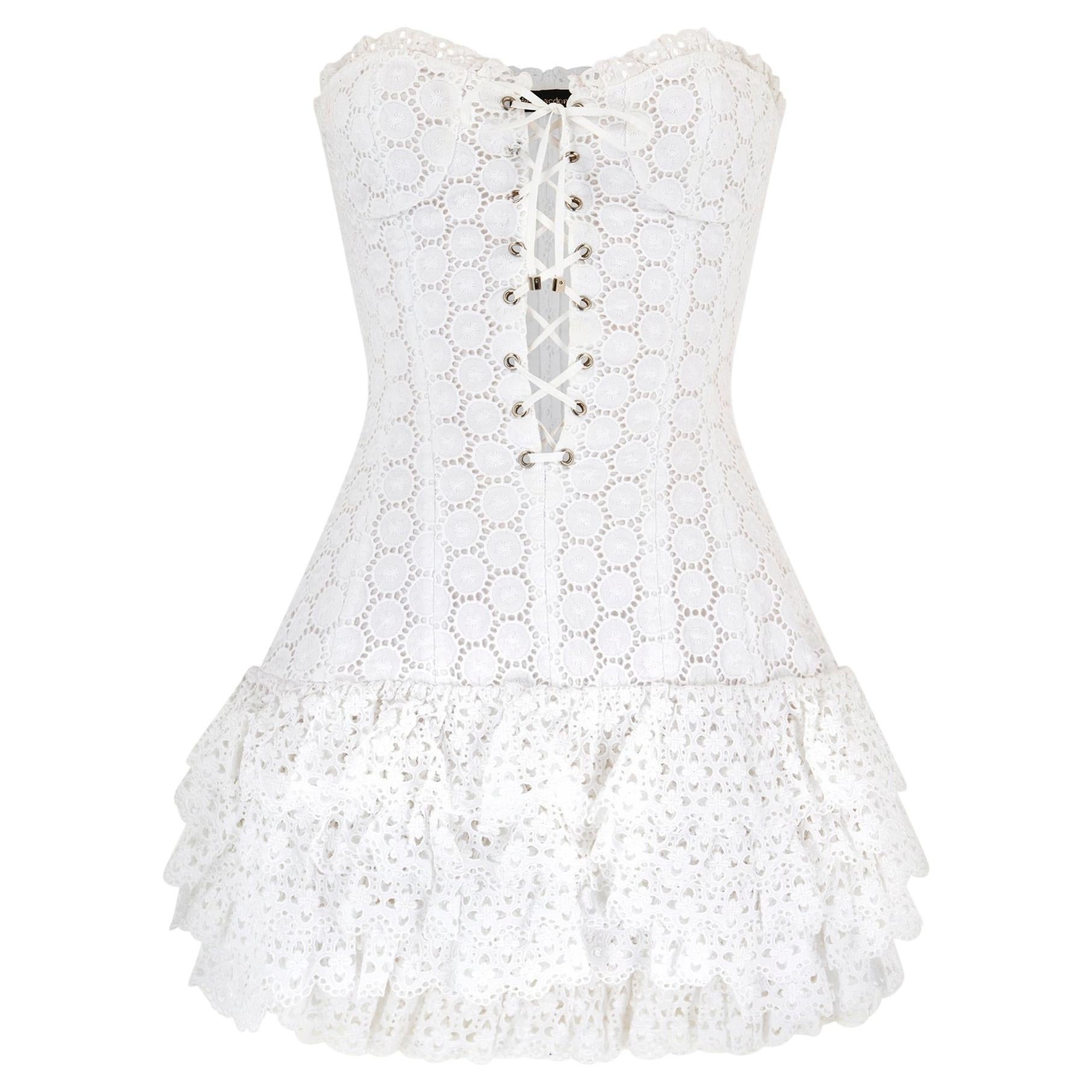 2003 Julien Macdonald Runway White Cotton Mini Dress with Ruffle Skirt