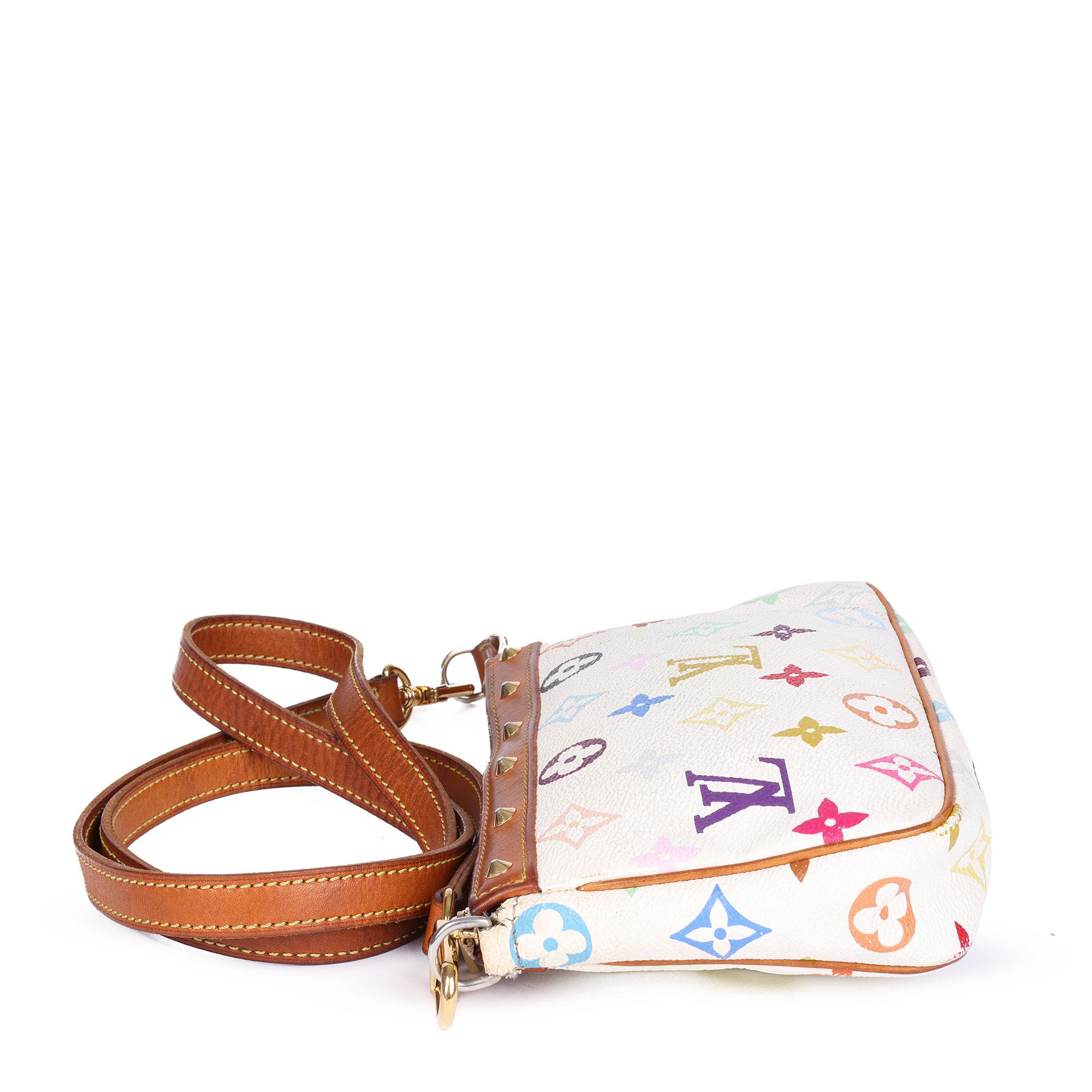 LOUIS VUITTON 
White Multicolour Monogram Coated Canvas & Vachetta Murakami Leather Pochette Accessoires

Age (Circa): 2003
Accompanied By: Replacement Vachetta Strap
Authenticity Details: Date Stamp is no longer visible (Made in France)
Gender:
