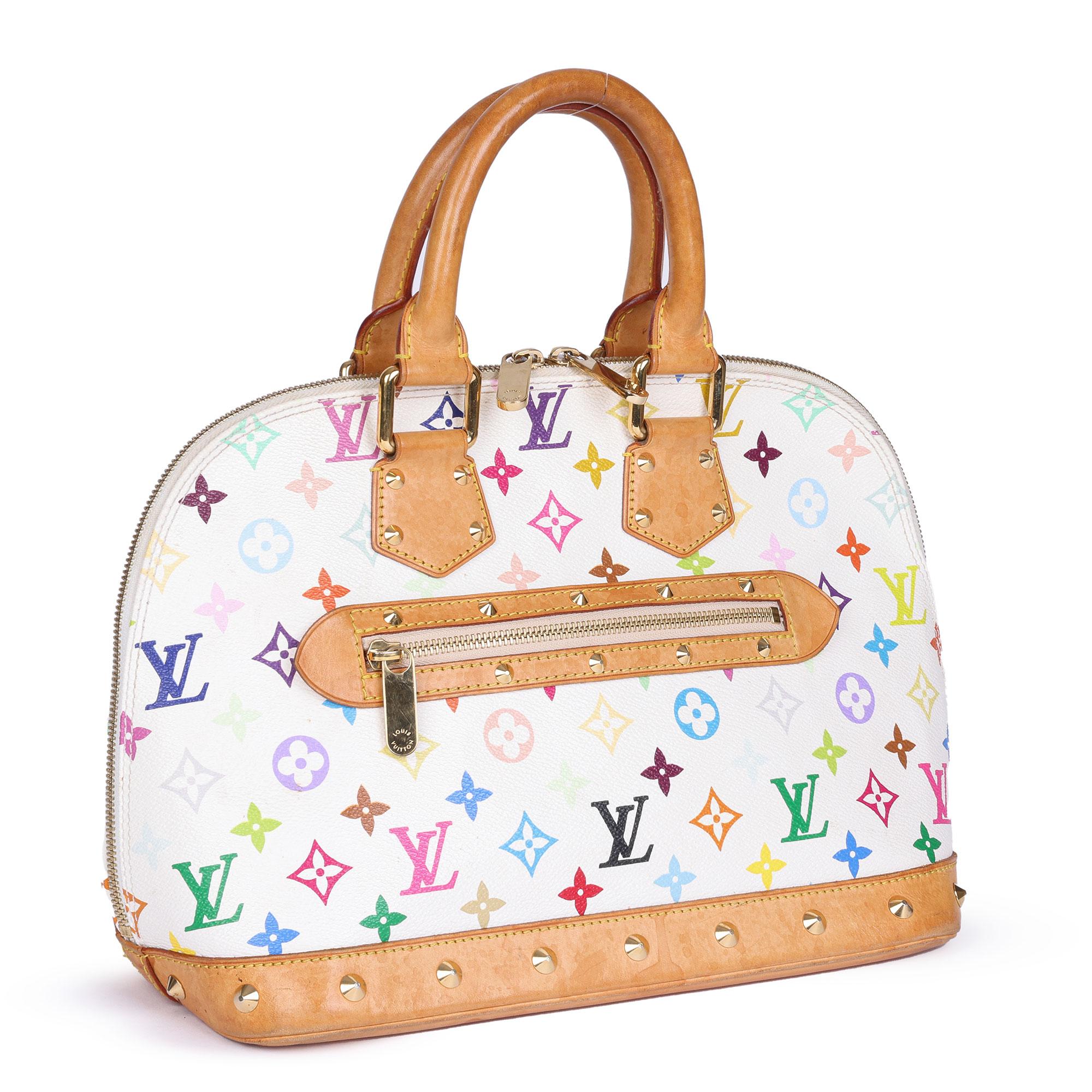 LOUIS VUITTON 
White Multicolour Monogram Coated Canvas & Vachetta Murakami Leather Alma PM

Serial Number: FL0063
Age (Circa): 2003
Accompanied By: Louis Vuitton Dust Bag, Invoice
Authenticity Details: Date Stamp (Made in France)
Gender: