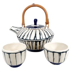2003 Modern Asian Stripe Tea Pot for Two Set Art Pottery by Lorrie