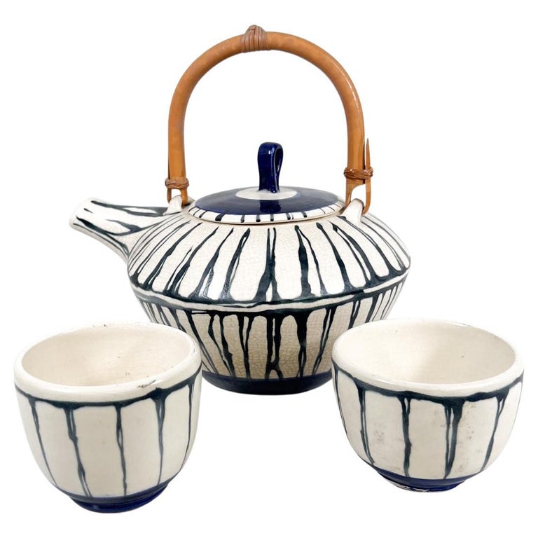 2003 Modern Asian Stripe Tea Pot for Two Set Art Pottery by Lorrie For