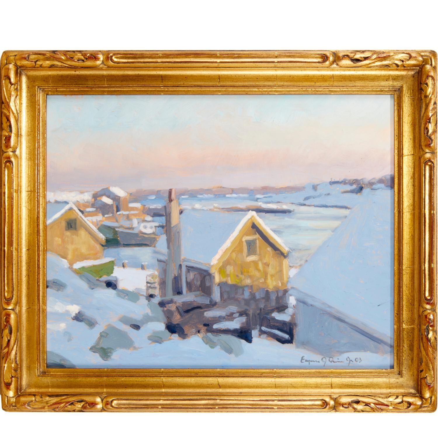 2003 Plein Air l auf Masonit Snow at Pigeon Cove - Eugene J. Quinn Jr. im Angebot 3